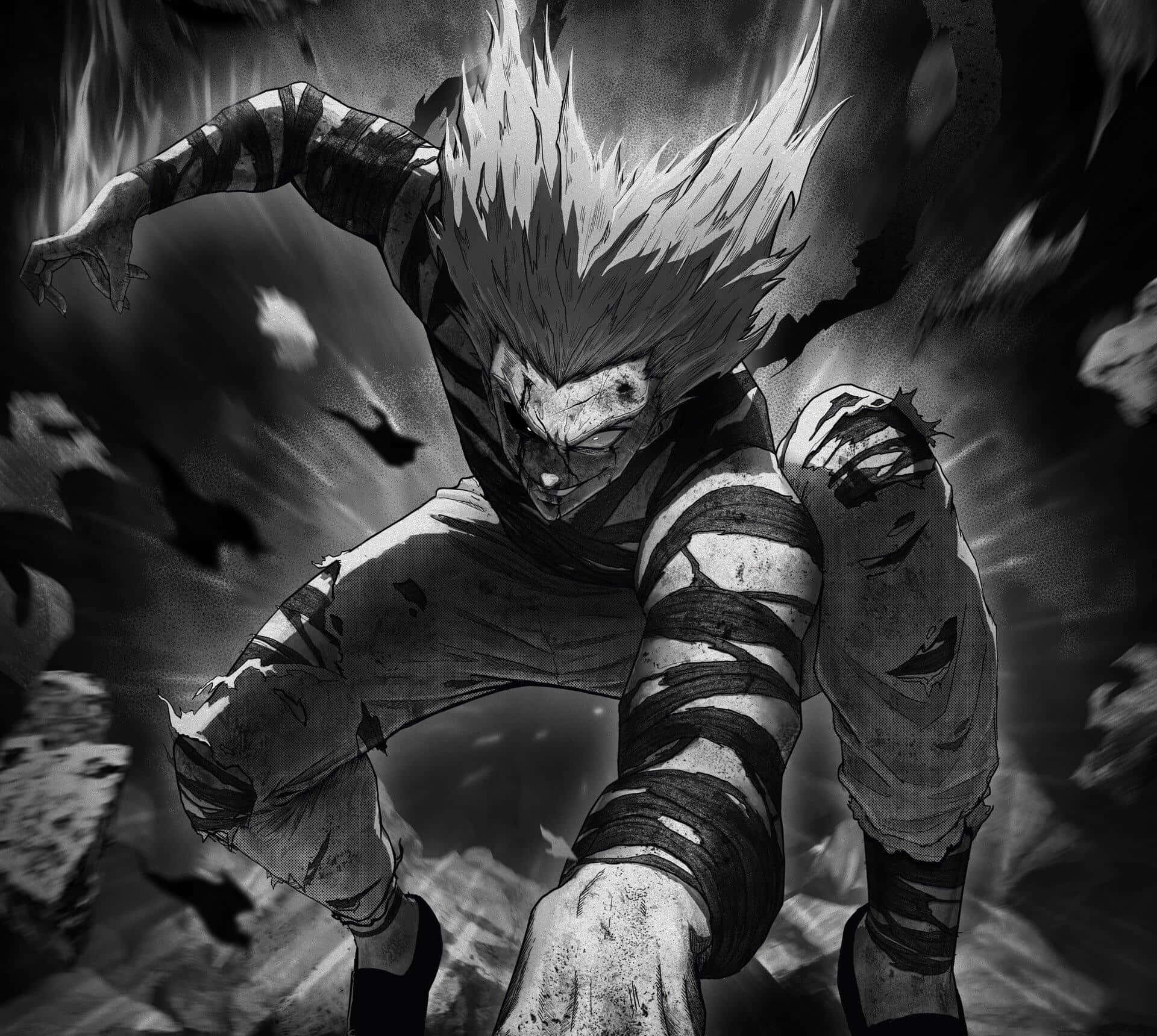 Garou 桌布 壁紙 — 一個粗糙的黑白動漫戰士，頭髮尖刺，衣服破爛，在旋轉的碎片和煙霧中向前猛衝。