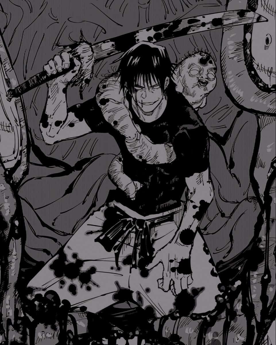 Toji Fushiguro 桌布 壁紙 — 一個粗糙的黑白漫畫面板顯示一個血淋淋的戰士在怪誕的斷頭中揮舞著劍。