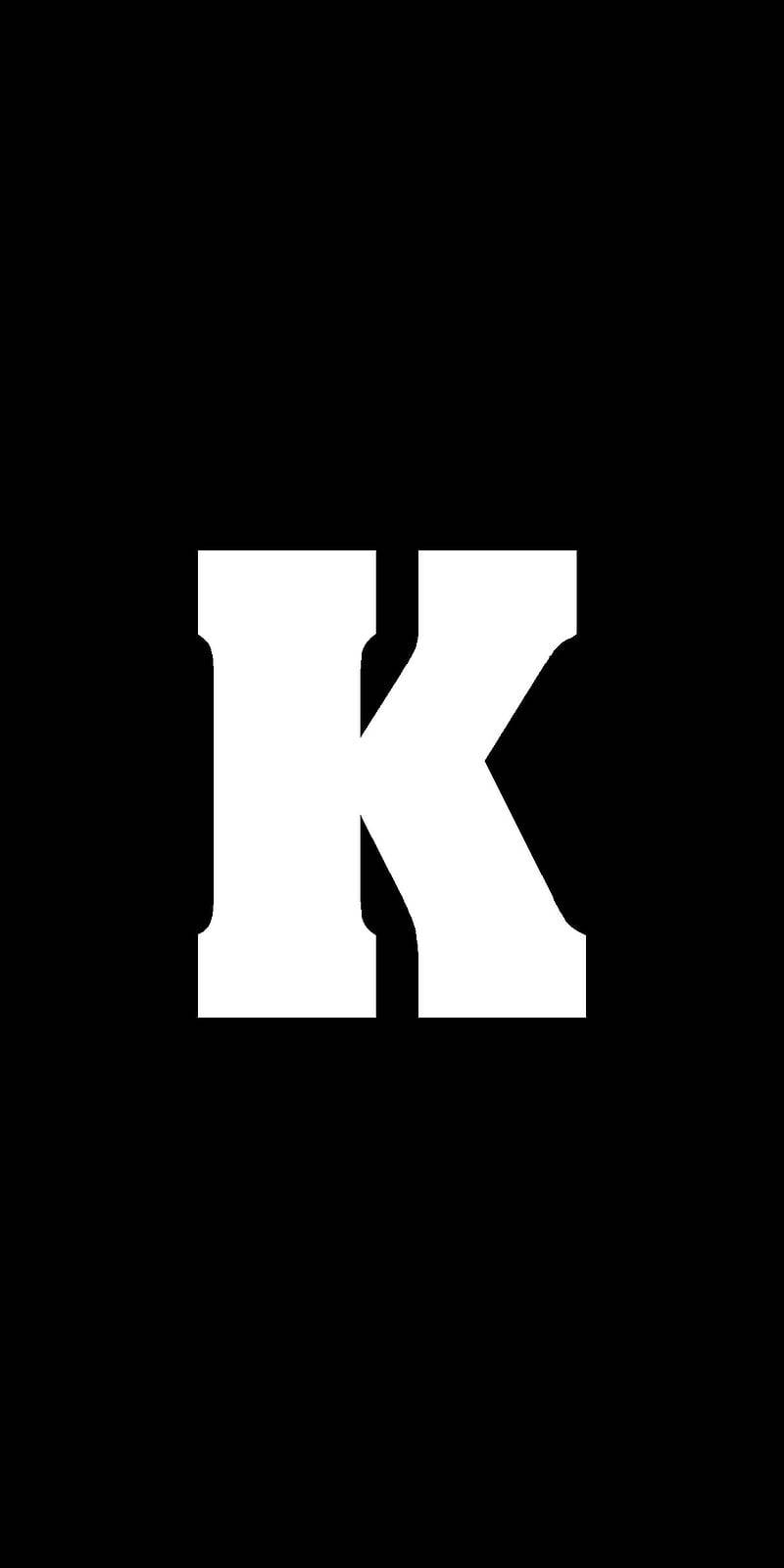 Letter K 桌布 壁紙 — 一個粗體白色大寫K居中在純黑色背景上。