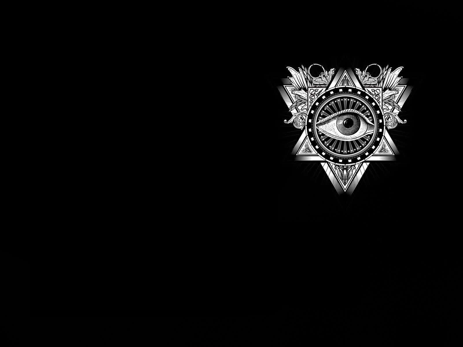 Occult 桌布 壁紙 — 一個精細的銀色全視之眼徽章，帶有華麗的翅膀和幾何圖案，在純黑色背景上發光。