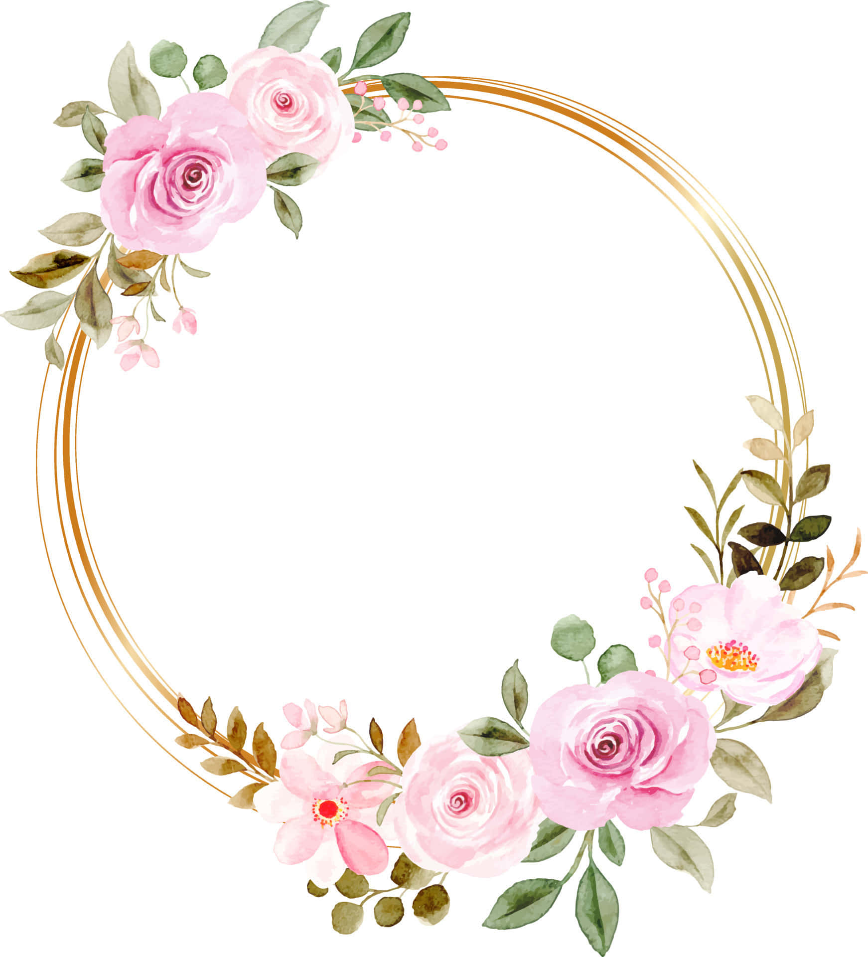 Floral Wreath 桌布 壁紙 — 一個精緻的水彩花環，帶有粉紅玫瑰和綠葉，點綴在白色背景上的金色圓形框架上。