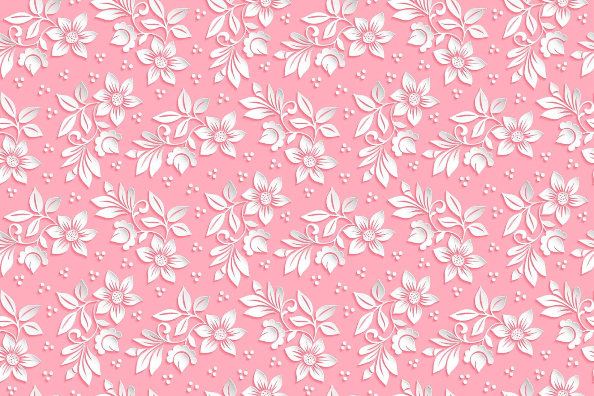 Pink Pattern 桌布 壁紙 — 一個精緻的粉紅色背景，飾有重複的白色花卉圖案和細小圓點，營造出柔和優雅的牆紙設計。