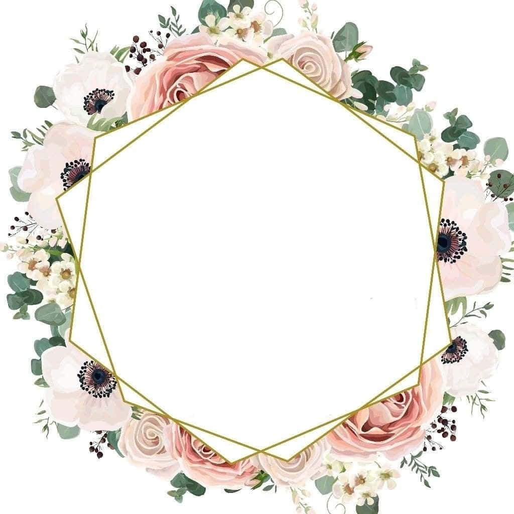 Floral Wreath 桌布 壁紙 — 一個精緻的花環，由粉紅玫瑰和白色銀蓮花組成，在潔白的背景上框出一個金色幾何六邊形。