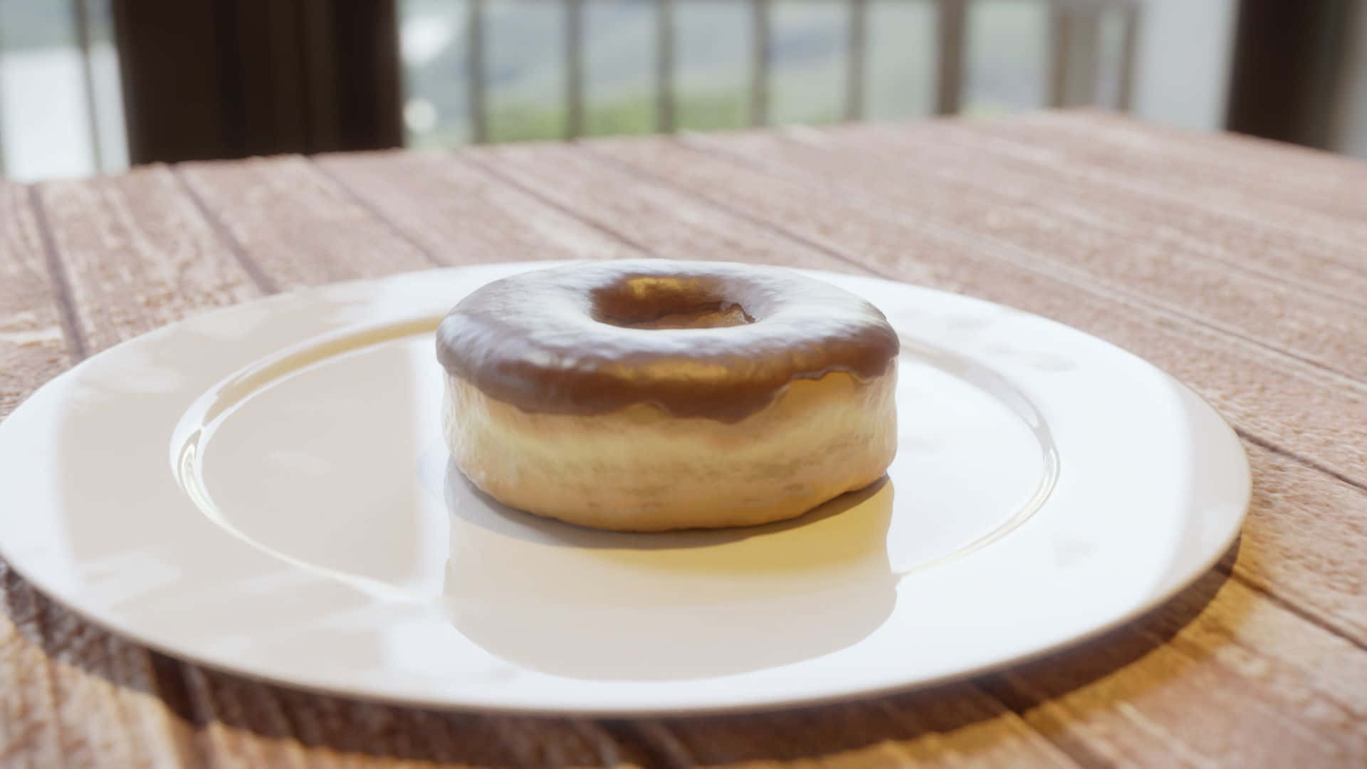 donuts 桌布 壁紙 — 一個糖霜冬甩獨自放在白色碟上，置於質樸的木桌上，伴隨柔和自然光。