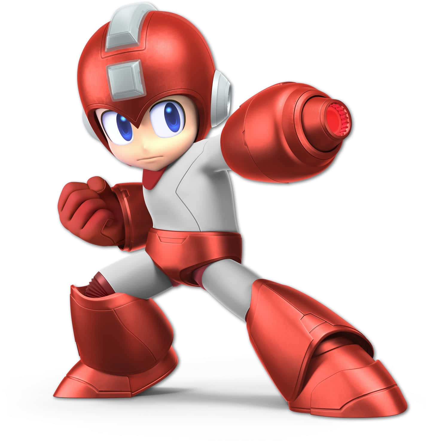 Megaman 桌布 壁紙 — 一個紅白相間的裝甲機械人英雄，擺出動態戰鬥姿勢，雙眼發出藍光。
