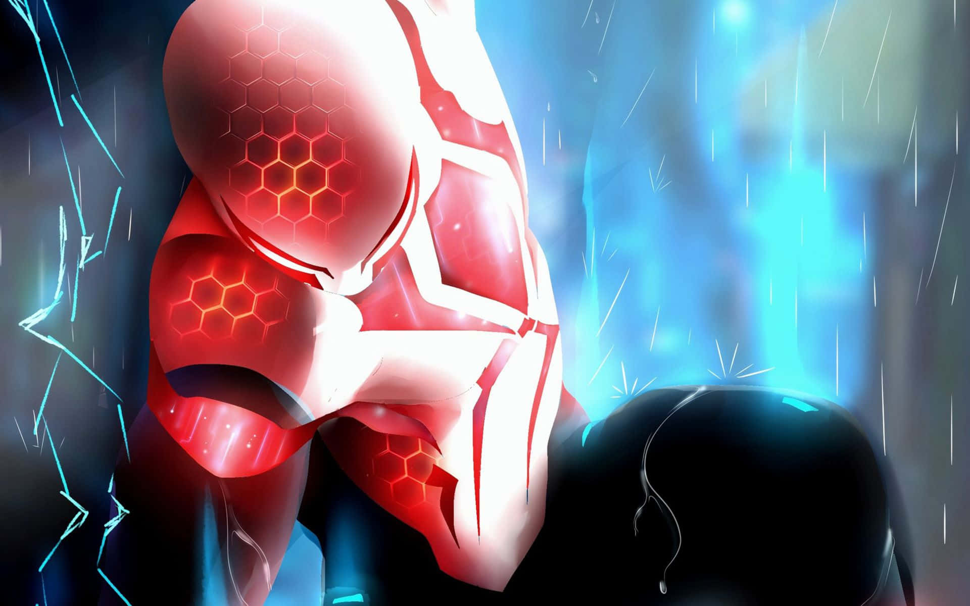 Spider Man 2099 桌布 壁紙 — 一個紅白相間的裝甲超級英雄，帶有發光的六邊形圖案，站在被電藍色能量照亮的雨濕城市小巷中。