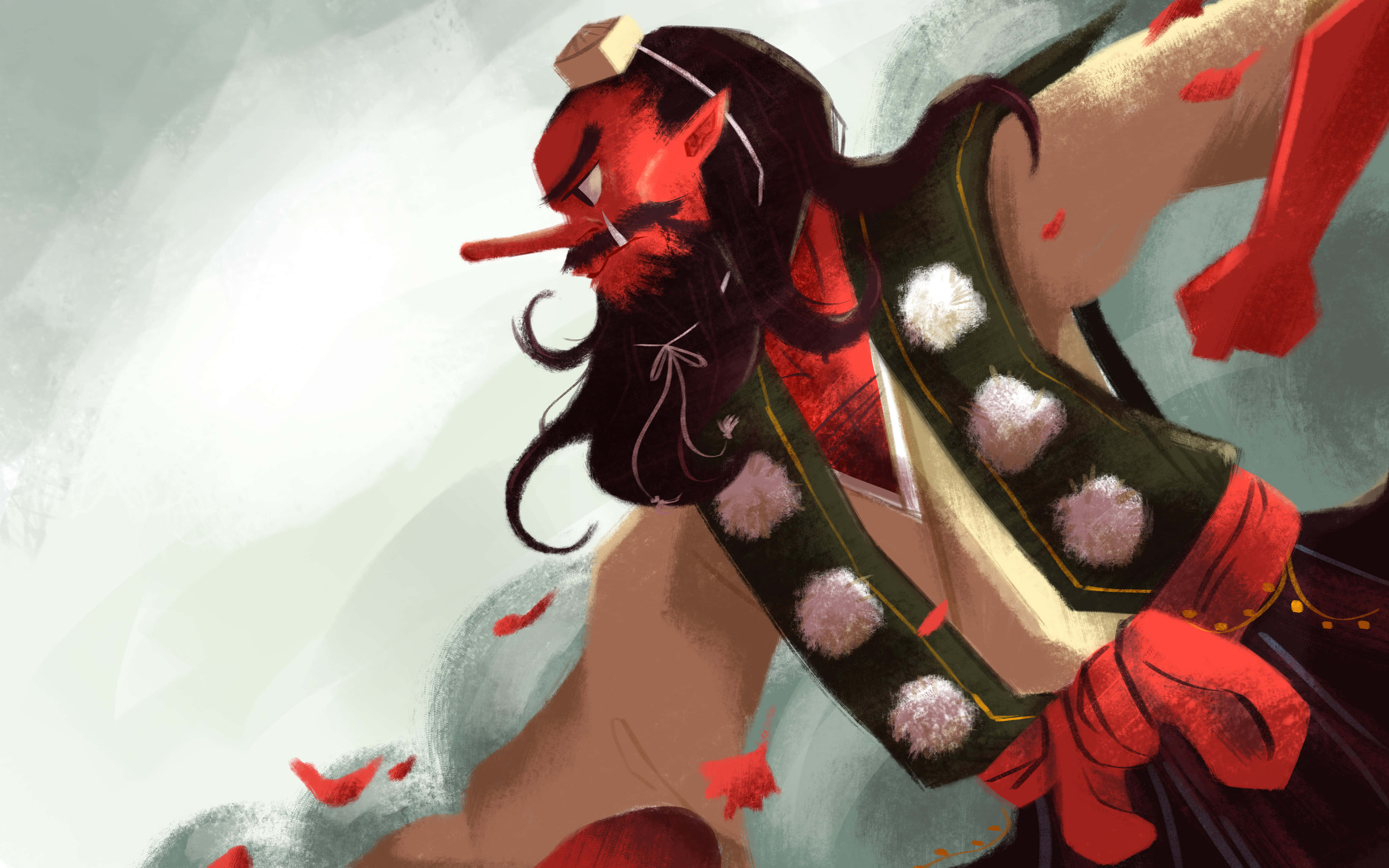 Tengu 桌布 壁紙 — 一個紅皮膚、有角同長鼻嘅惡魔，喺柔和灰色背景前，著住飄逸嘅綠色同紅色服裝動感咁跳舞。