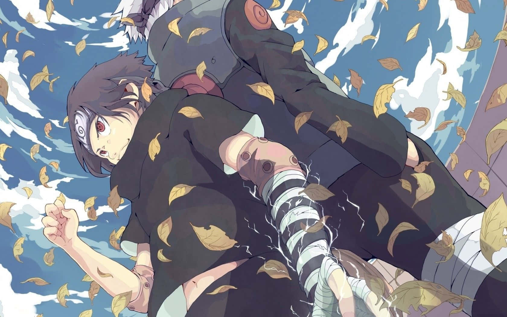 Kakashi And Tobi 桌布 壁紙 — 一個紅眼、手臂纏著繃帶的動漫角色，從滿是金色秋葉的天空中墜落。