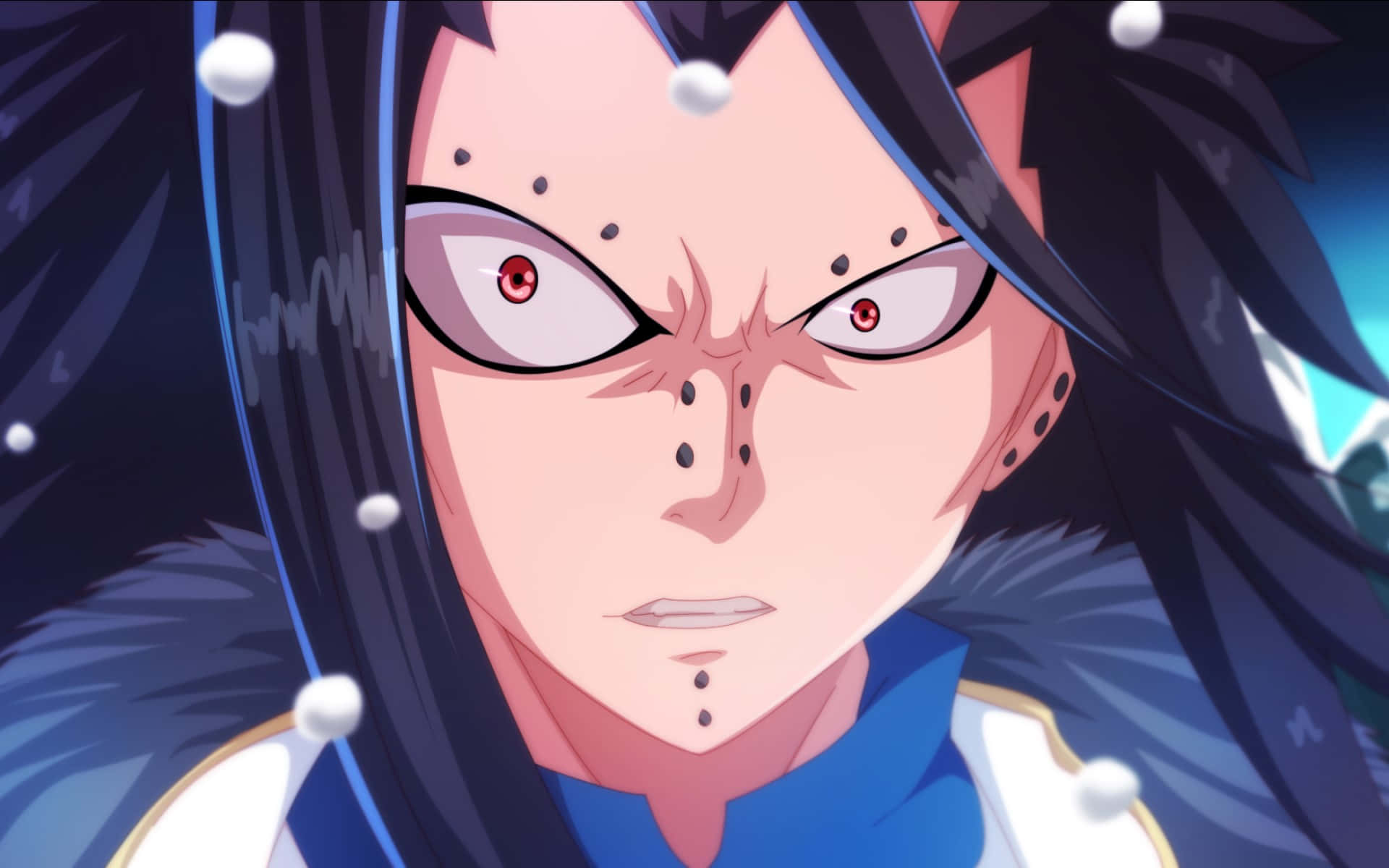Gajeel Redfox 桌布 壁紙 — 一個紅眼睛、深色頭髮的動漫角色，在雪花飄落時凝視著。