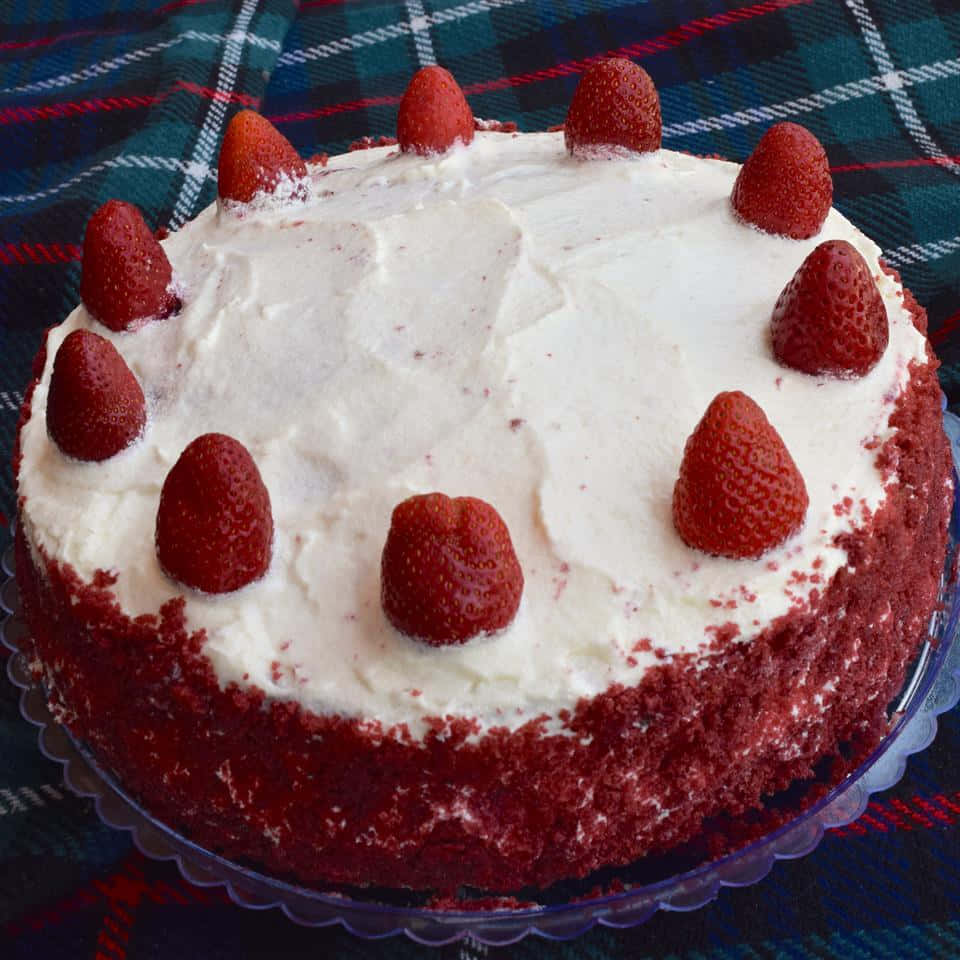 Red Velvet Cake 桌布 壁紙 — 一個紅絲絨蛋糕，配上白色糖霜和新鮮草莓，放在格紋布上。