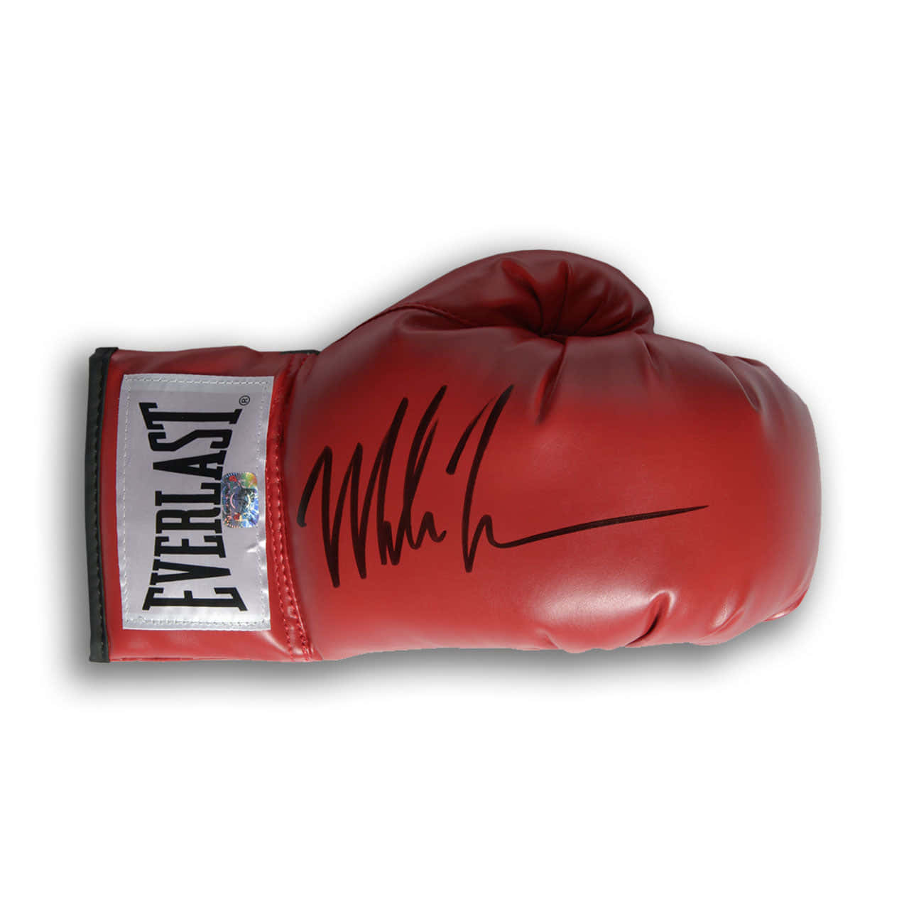 mike tyson 桌布 壁紙 — 一個紅色Everlast拳擊手套，上面有黑色簽名，白色背景。