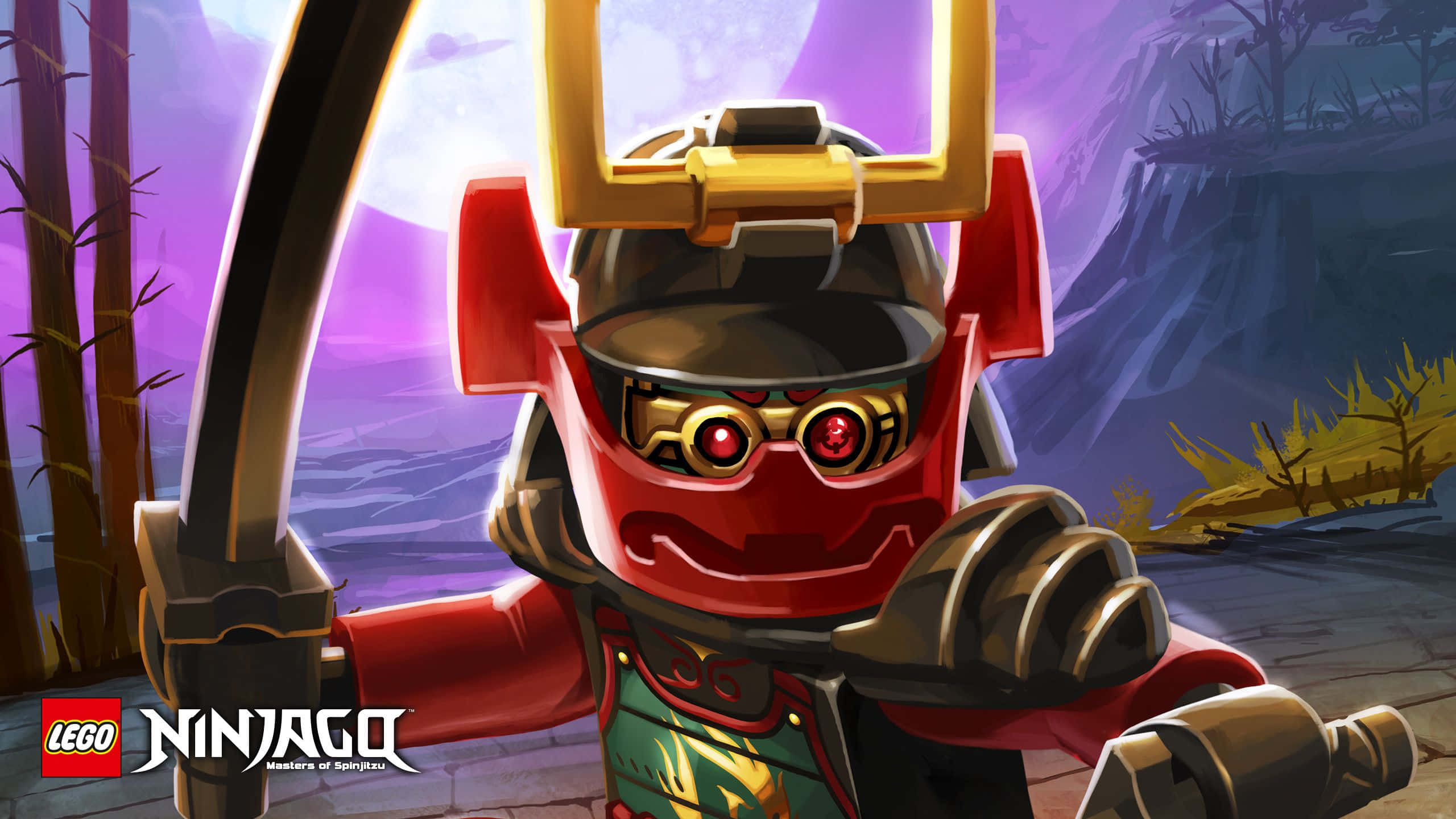 Ninjago 桌布 壁紙 — 一個紅色LEGO Ninjago忍者穿著武士盔甲，在紫色暮色森林背景下揮舞著劍。