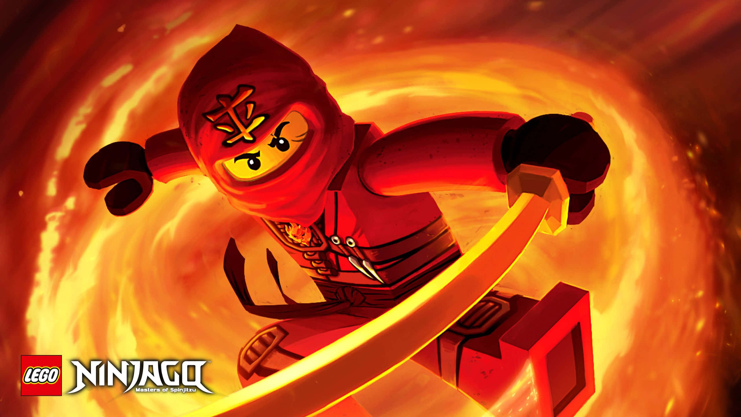 Ninjago 桌布 壁紙 — 一個紅色LEGO忍者喺旋轉火焰中揮舞發光劍，擺出動感動作姿勢。