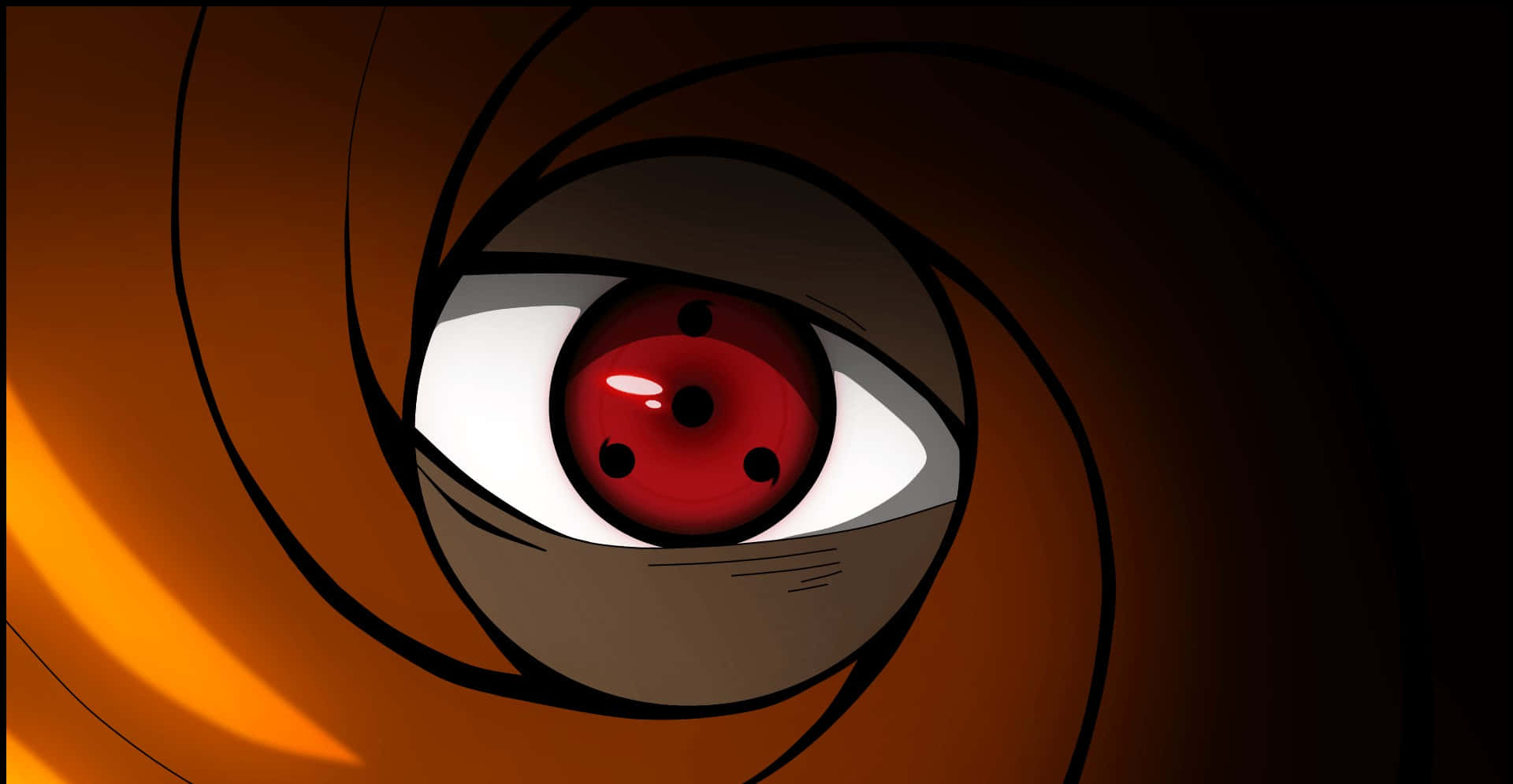 Akatsuki Tobi 桌布 壁紙 — 一個紅色動漫眼睛的特寫，帶有三個黑色巴紋漩渦，透過槍管瞄準器在深橙色背景上觀看。