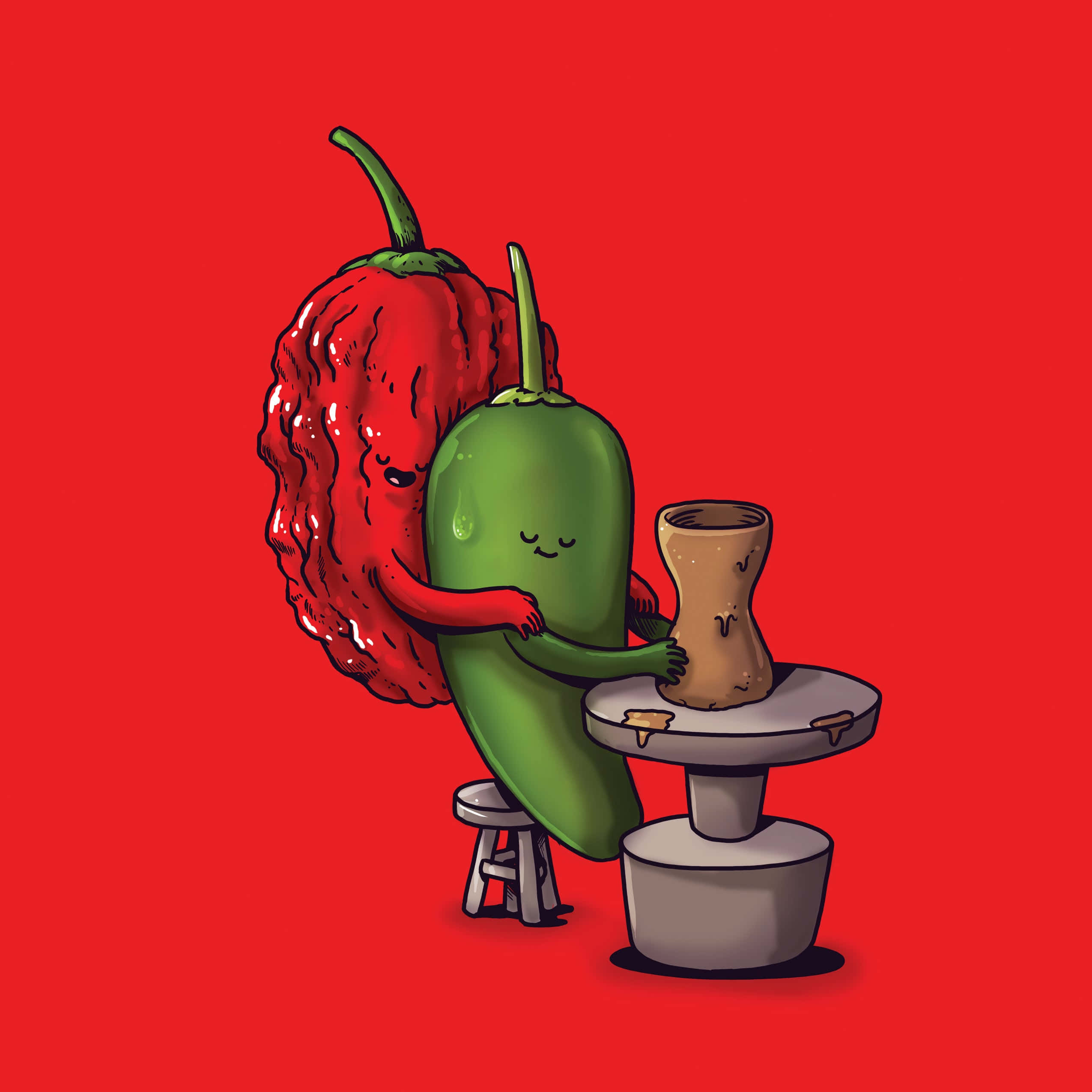 Ghost Pepper 桌布 壁紙 — 一個紅色和綠色的卡通辣椒在純紅色背景上擁抱陶輪上的陶罐。