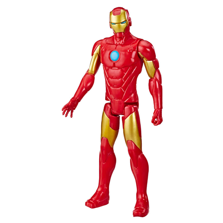Iron Man Action Figures 桌布 壁紙 — 一個紅色和金色的鐵甲奇俠動作人偶在純白色背景前擺出姿勢，帶有發光的藍色眼睛和胸部弧形反應器。