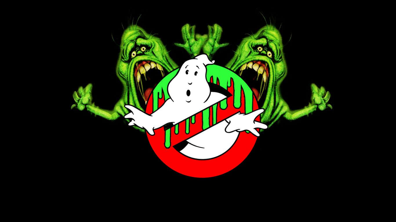Ghostbusters 桌布 壁紙 — 一個紅色圓圈內嘅白色鬼魂滴緊綠色黏液，後面有兩個綠色尖叫嘅鬼魂伸出手。