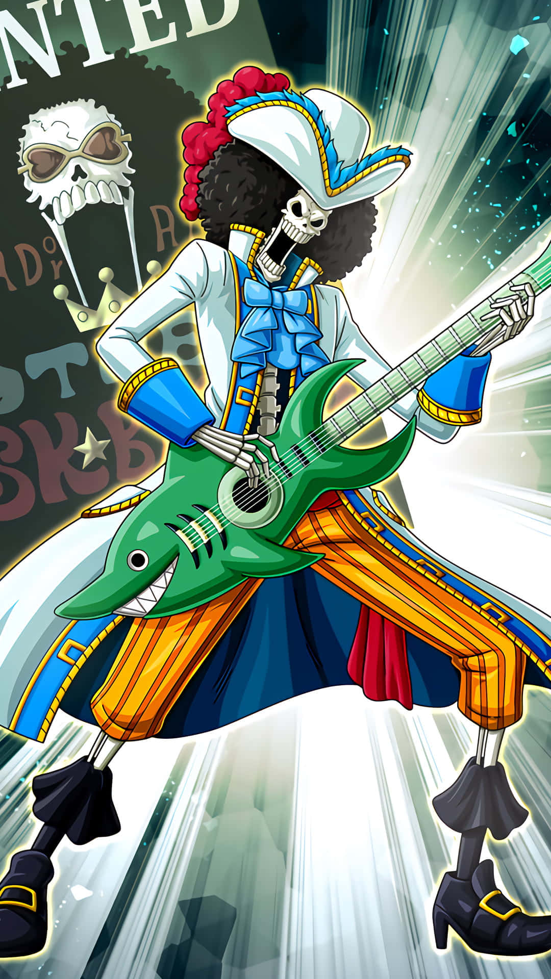 Brook 桌布 壁紙 — 一個紅色爆炸頭、戴白帽的骷髏海盜，在動態星爆背景下彈奏綠色鯊魚結他。