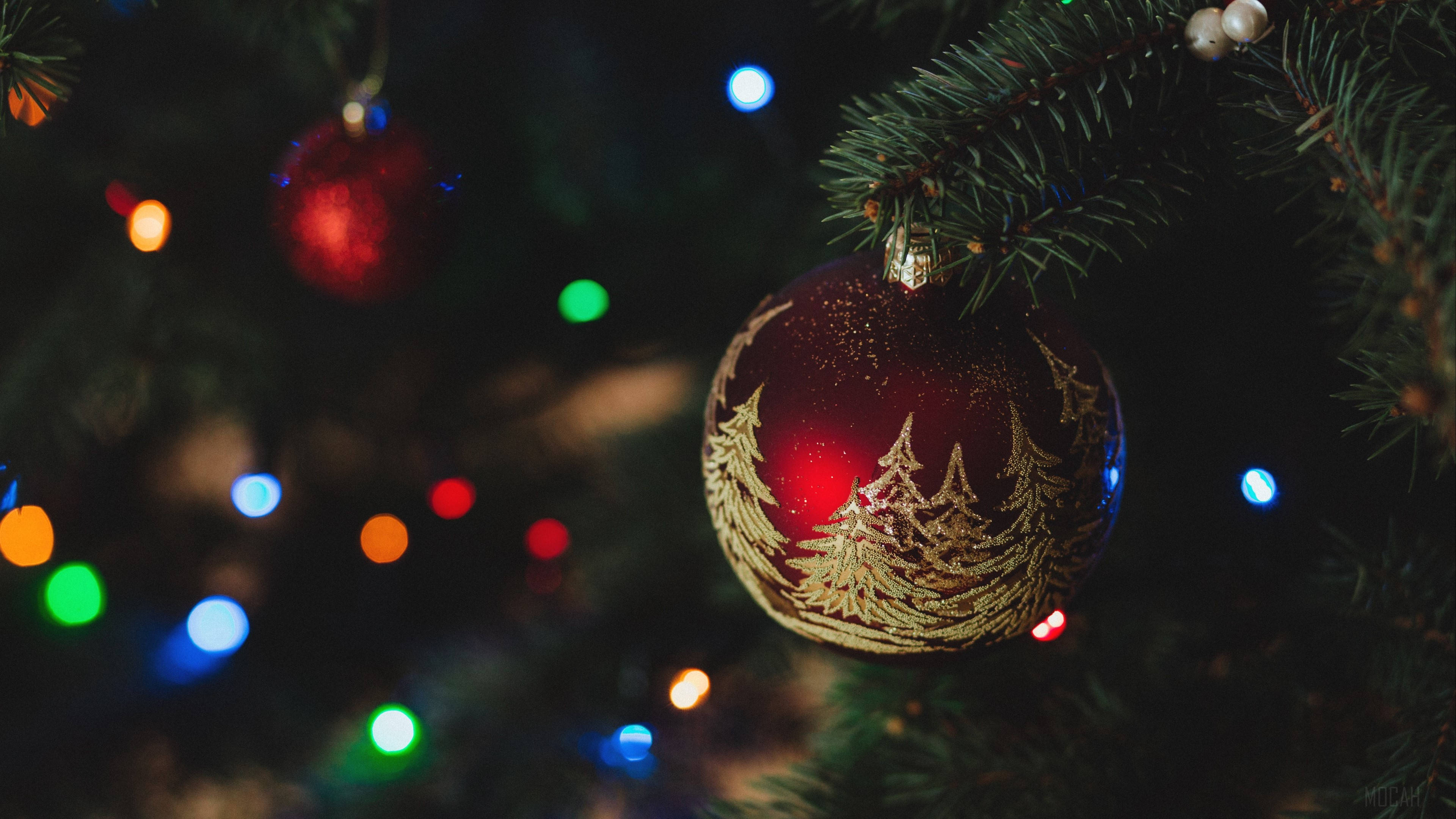Christmas Balls 桌布 壁紙 — 一個紅色聖誕裝飾的特寫，上面有金色松樹圖案，掛在樅樹上，背景有彩色散景燈光。