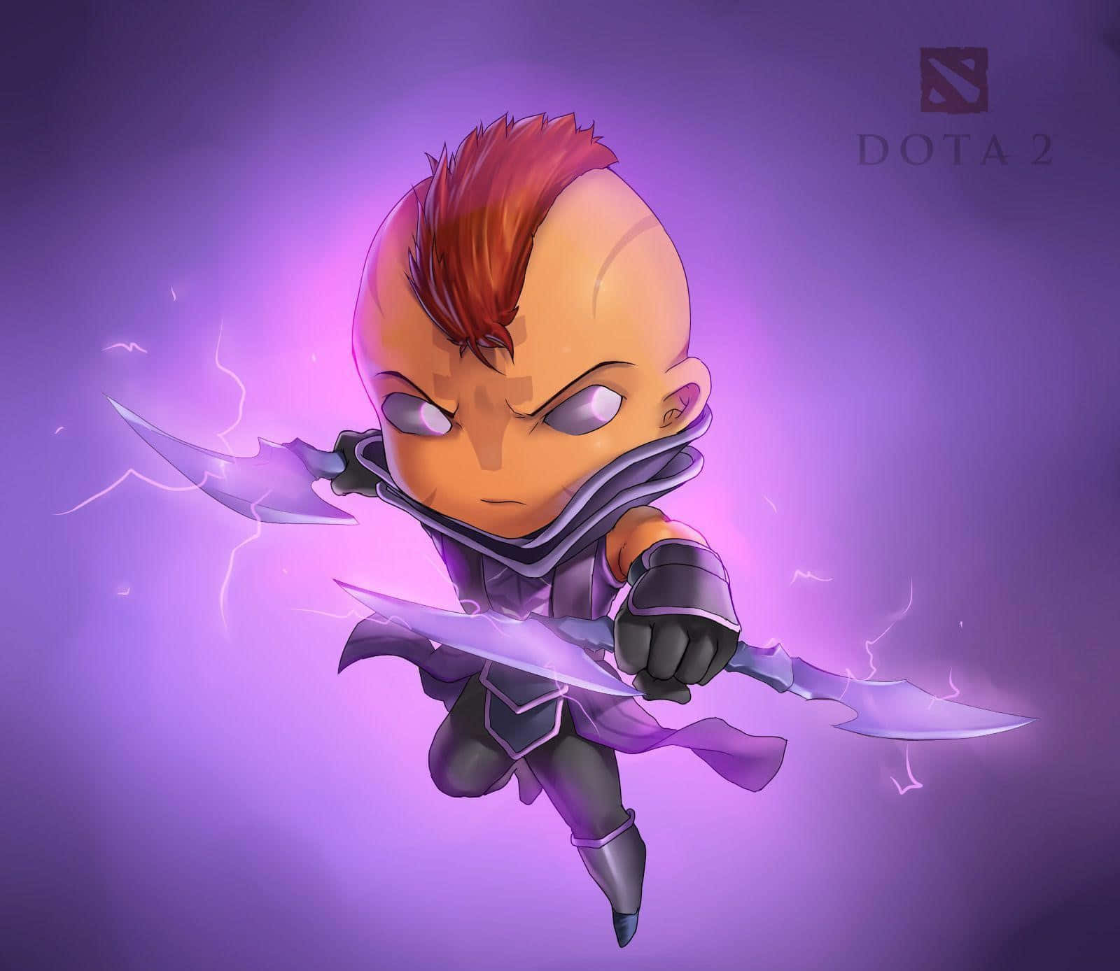 Anti-mage 桌布 壁紙 — 一個紅色莫西干頭和發光刀刃的Q版Dota 2英雄，在紫色閃電背景中動態跳躍。