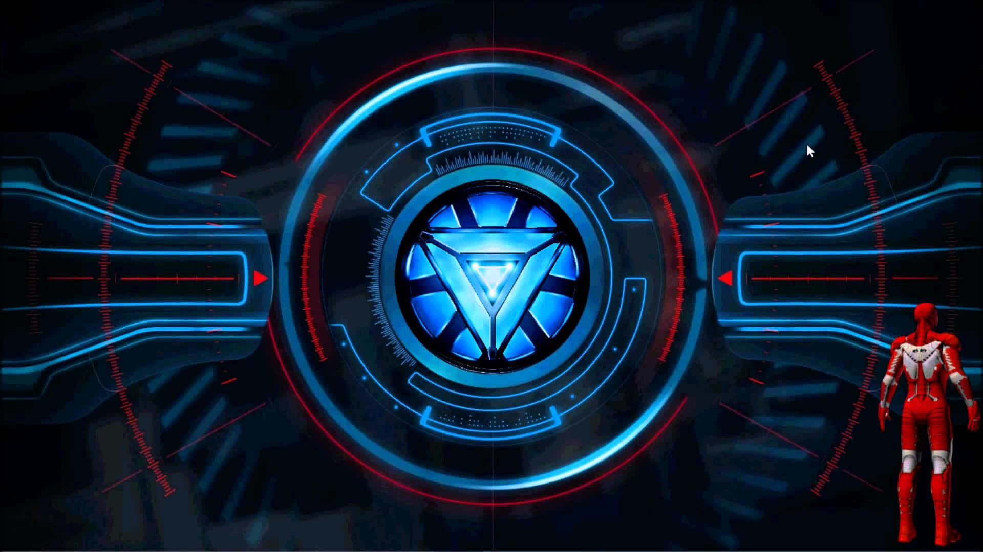 Iron Man Technology 桌布 壁紙 — 一個紅色裝甲人物站在一個發光藍色和紅色的圓形科幻介面前，帶有複雜的數位圖案。