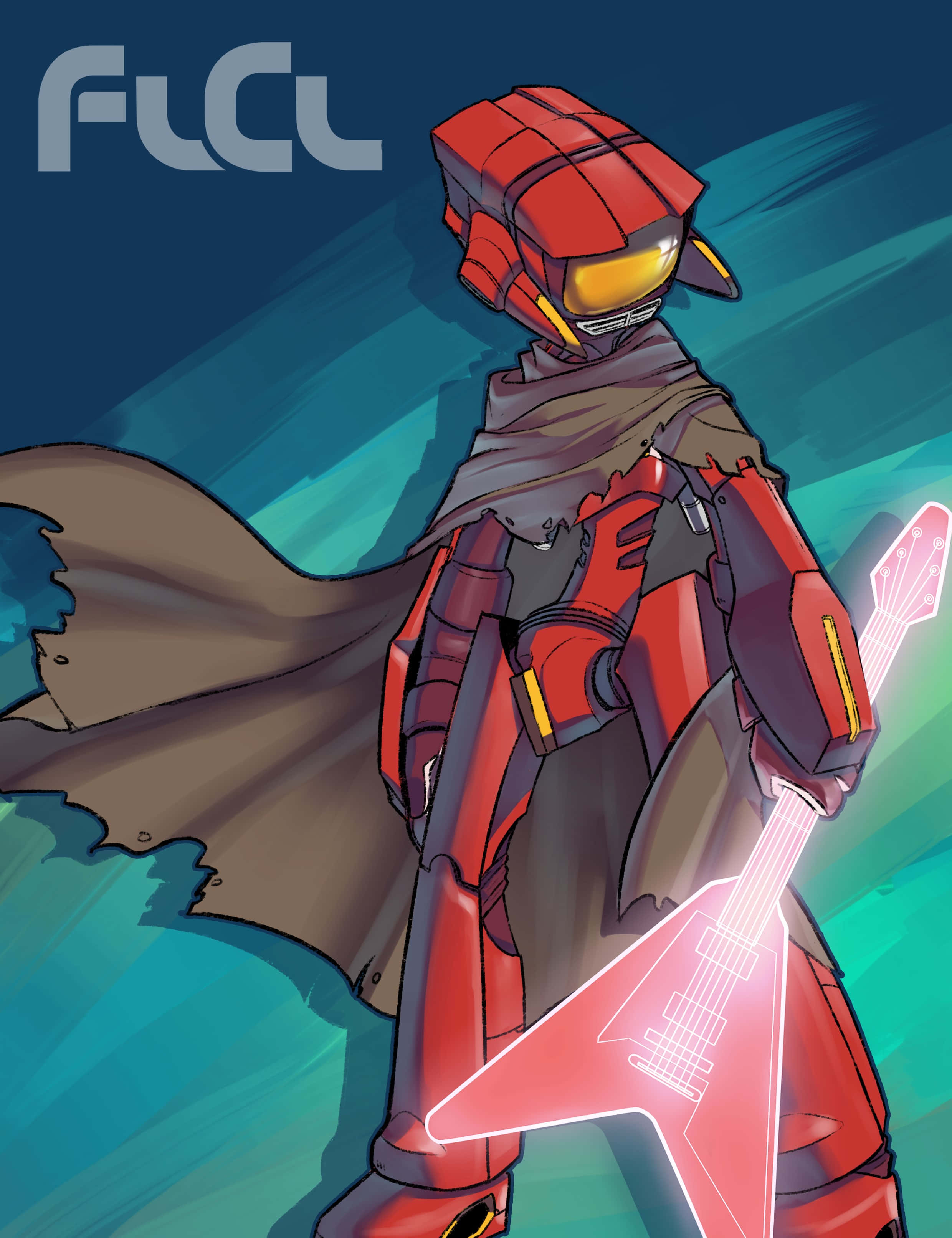 Flcl Canti 桌布 壁紙 — 一個紅色裝甲動漫角色，戴著發光的黃色護目鏡，在青綠色漸變背景前拿著一把發光的粉紅色電結他。