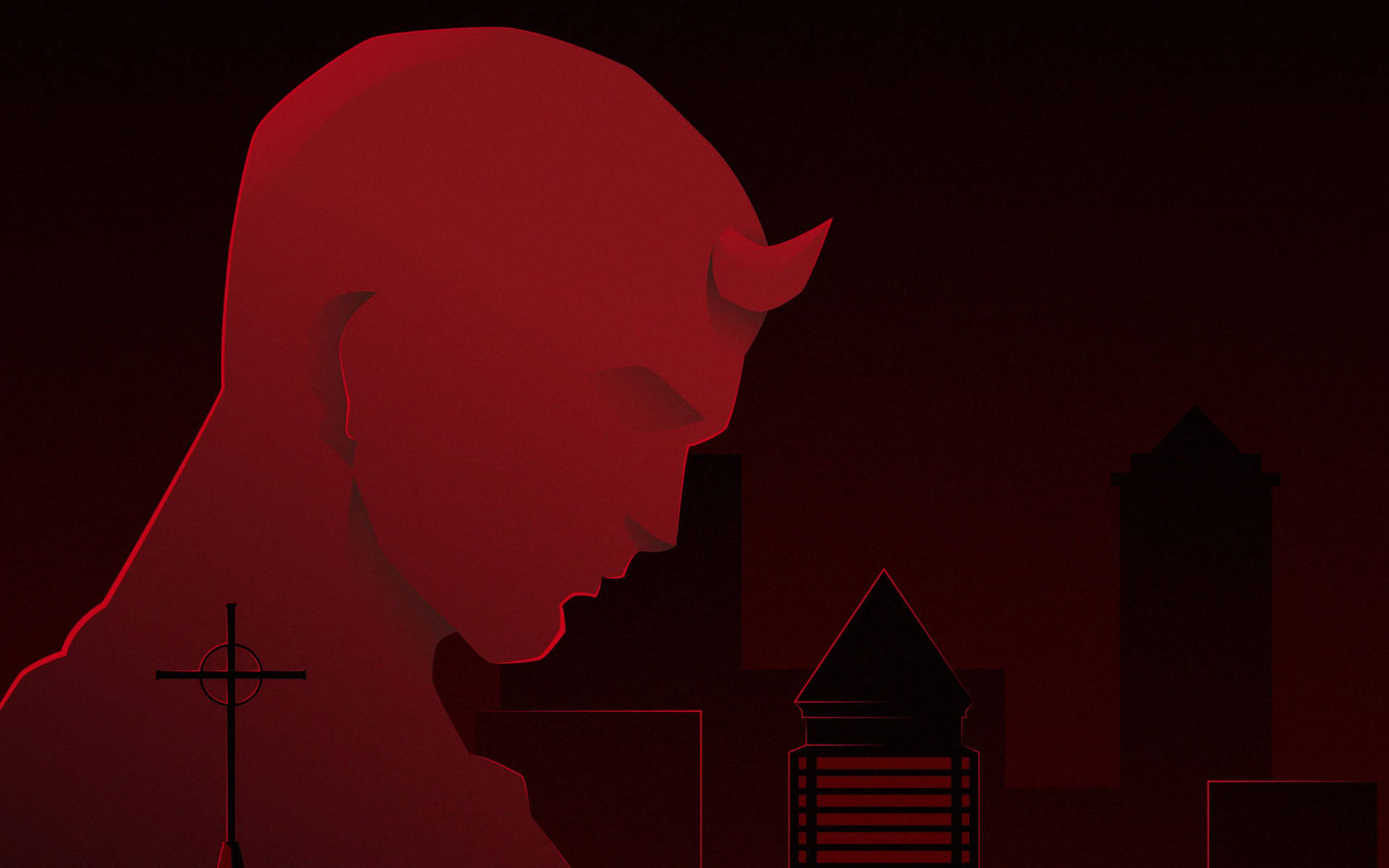 紅色魔鬼剪影俯瞰著帶有十字架的黑暗城市