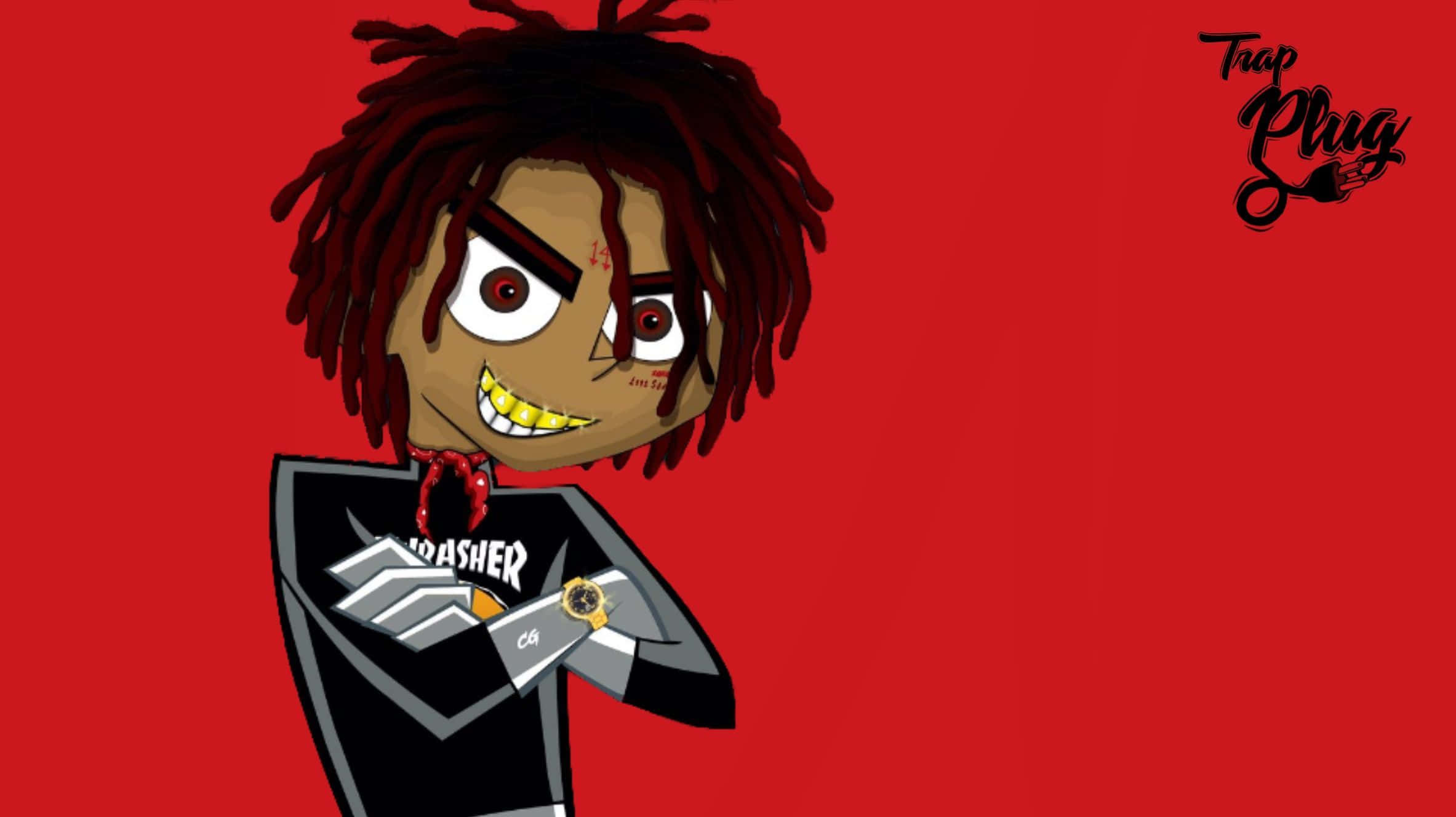trippie redd 桌布 壁紙 — 一個紅色辮子、咧嘴大笑的卡通角色，穿著帶有白色圖案的黑色襯衫，站在純紅色背景前。