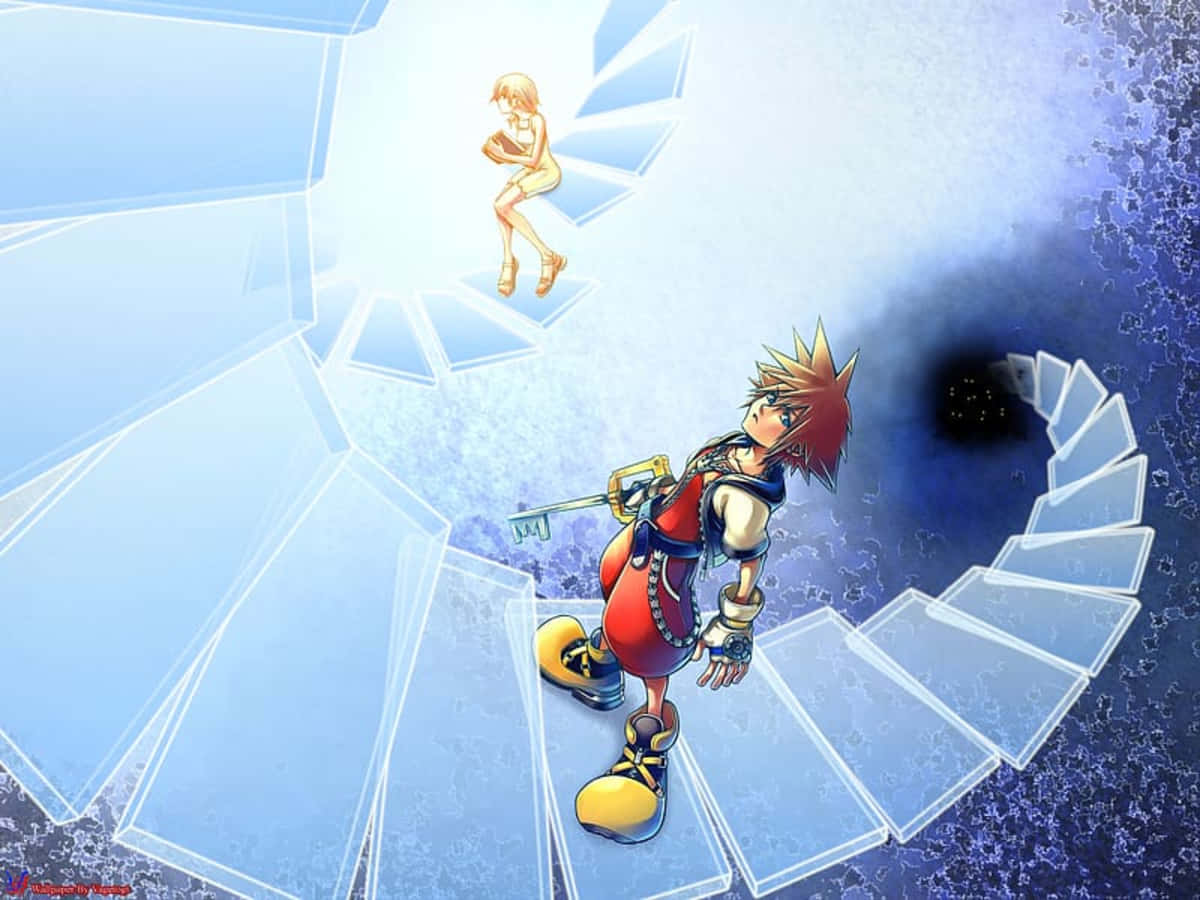 Kingdom Hearts Namine 桌布 壁紙 — 一個紅藍色刺蝟頭的動漫男孩站在螺旋玻璃樓梯上，朝著黑暗虛空上方發光的女孩上升。