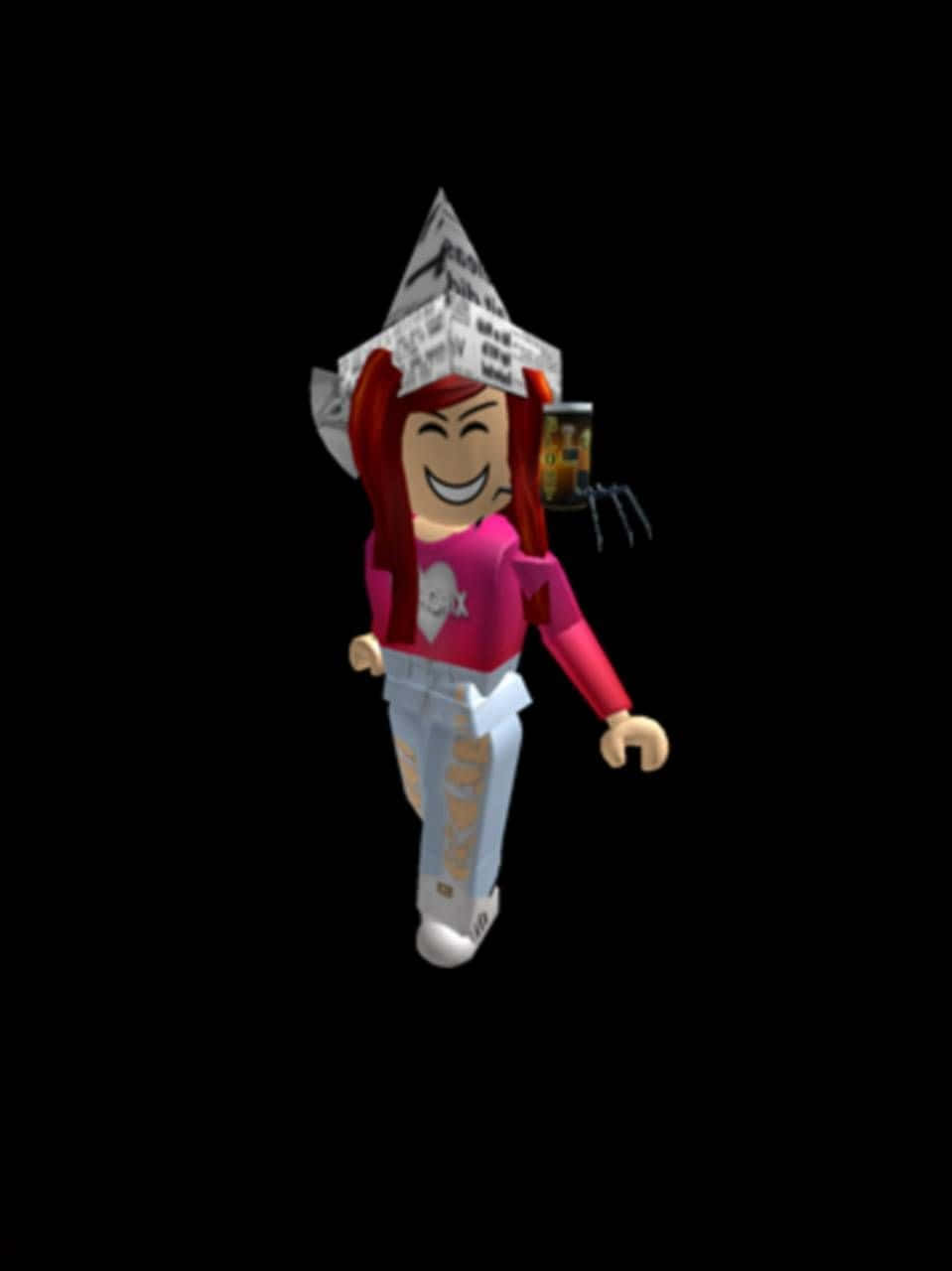 可愛Roblox 桌布 壁紙 — 一個紅髮、戴報紙帽的 Roblox 頭像，在黑色背景前微笑著拿著一個罐子。