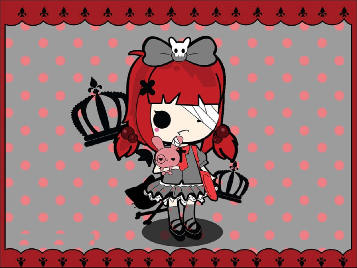 Vampire Costumes 桌布 壁紙 — 一個紅髮、戴著骷髏頭蝴蝶結的Q版動漫女孩，在圓點背景前抱著一隻粉紅色兔子。
