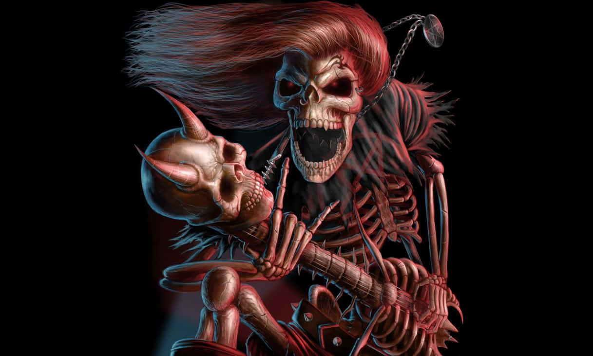 Halloween Music 桌布 壁紙 — 一個紅髮、手持惡魔頭骨的骷髏結他手在黑色背景前熱情地彈奏結他。