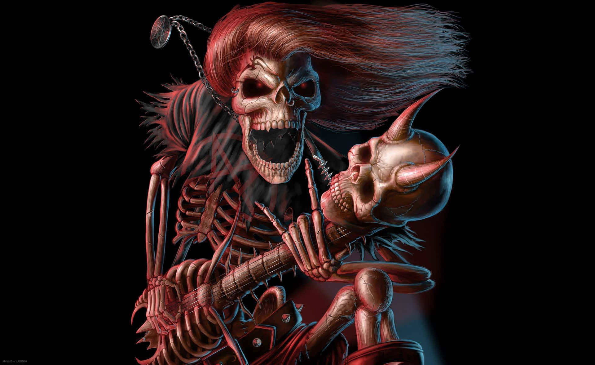 Halloween Skeleton 桌布 壁紙 — 一個紅髮、眼睛發光的骷髏結他手，在黑色背景前，一邊彈奏帶刺的結他，一邊拿著一個惡魔頭骨。