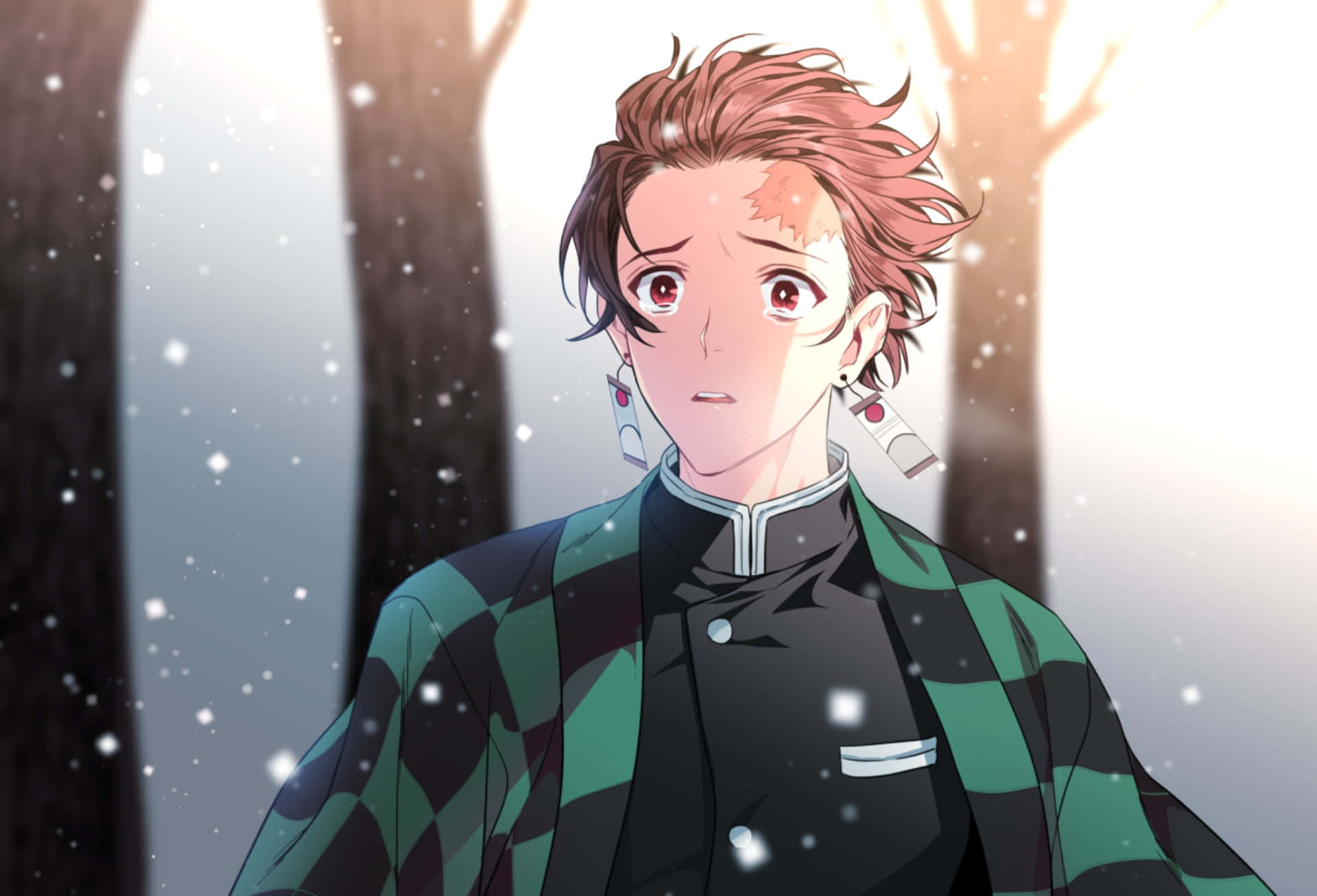 炭治郎 桌布 壁紙 — 一個紅髮、穿著綠色格仔外套的年輕動漫男孩，站在一個有光禿樹木和柔和光線的雪地森林中。