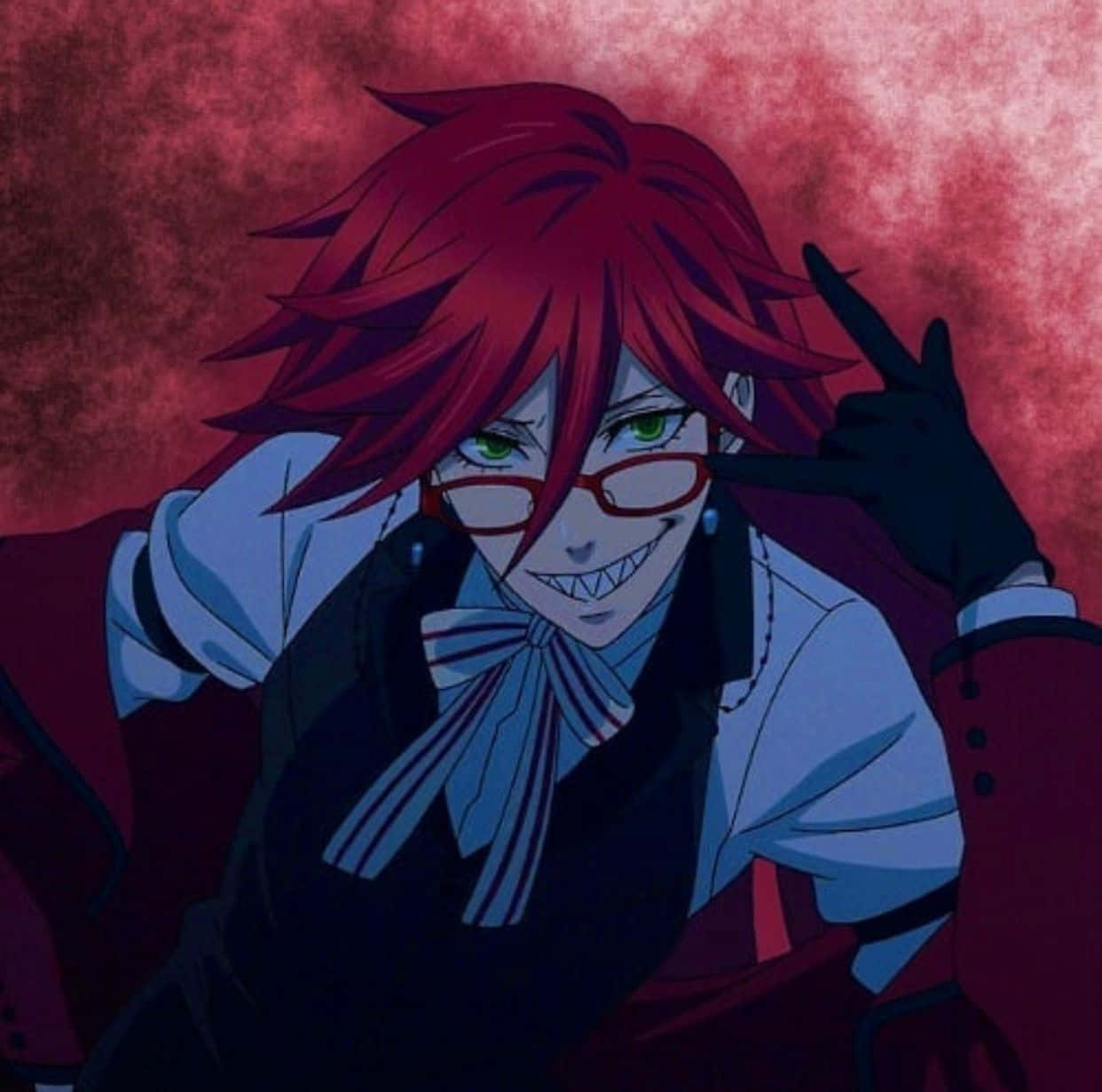 Grell Sutcliff 桌布 壁紙 — 一個紅髮、綠眼、戴眼鏡的動漫角色，在帶有紋理的紅色背景上咧嘴笑著比出和平手勢。
