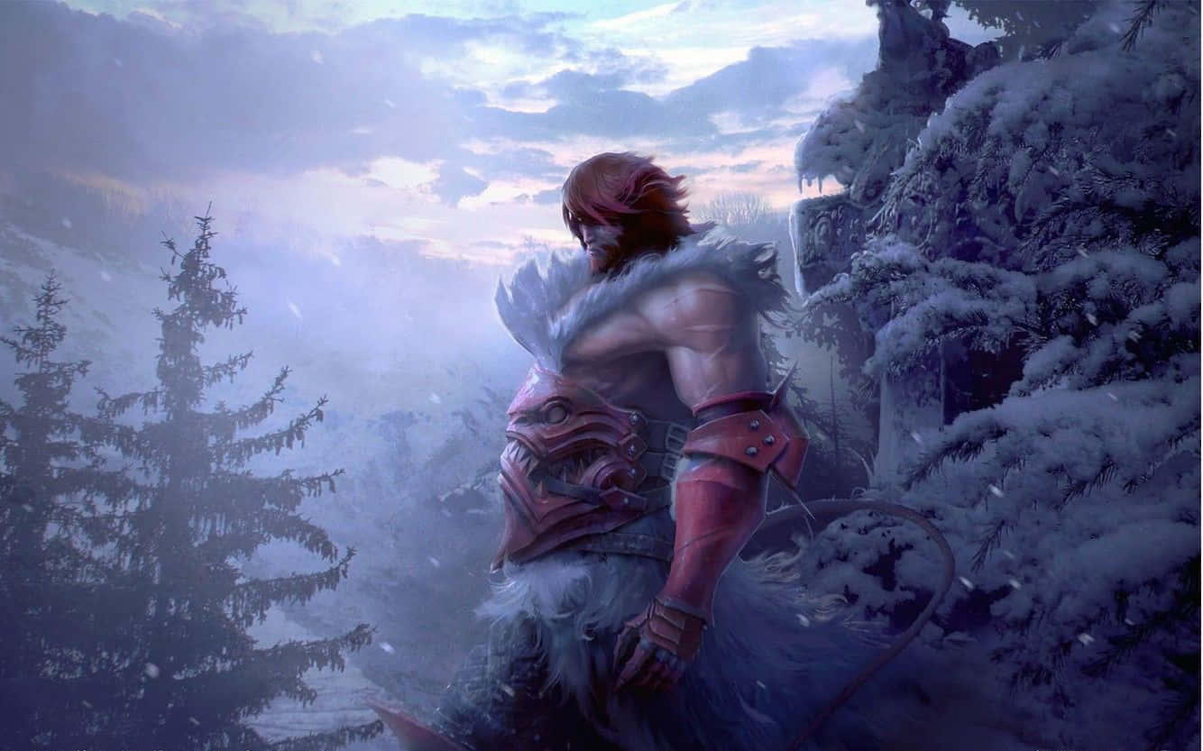 Winter Games 桌布 壁紙 — 一個紅髮、身穿毛皮襯裏盔甲的肌肉戰士，在黃昏時分站在積雪的山口，凝視著霧氣瀰漫的山谷。