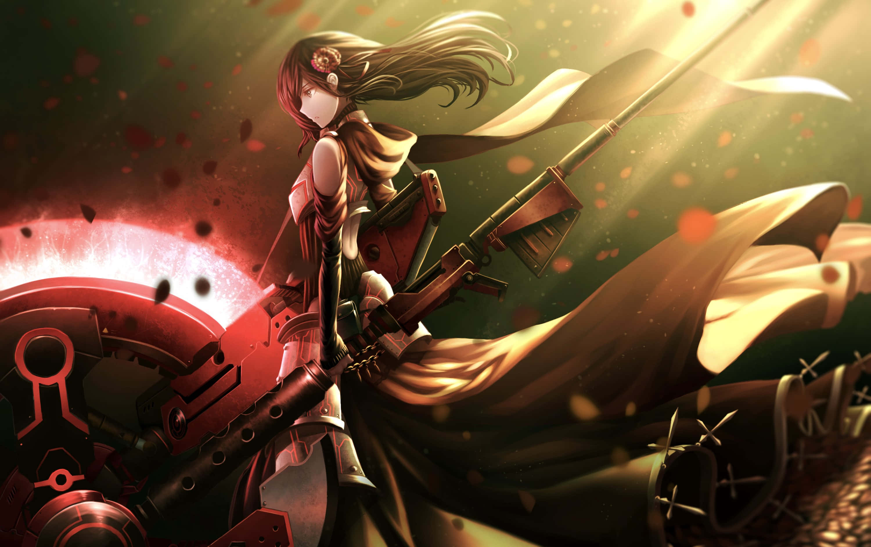 Rwby 桌布 壁紙 — 一個紅髮動漫女孩拿著步槍，站在戲劇性的金色光芒中，周圍漂浮著花瓣和機械殘骸。