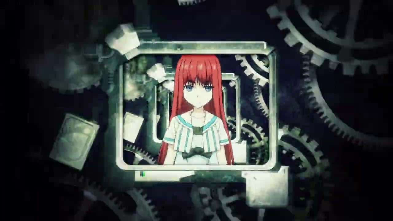 Kagari Shiina 桌布 壁紙 — 一個紅髮動漫女孩穿著校服，從一個被黑暗機械齒輪包圍的發光屏幕中凝視。