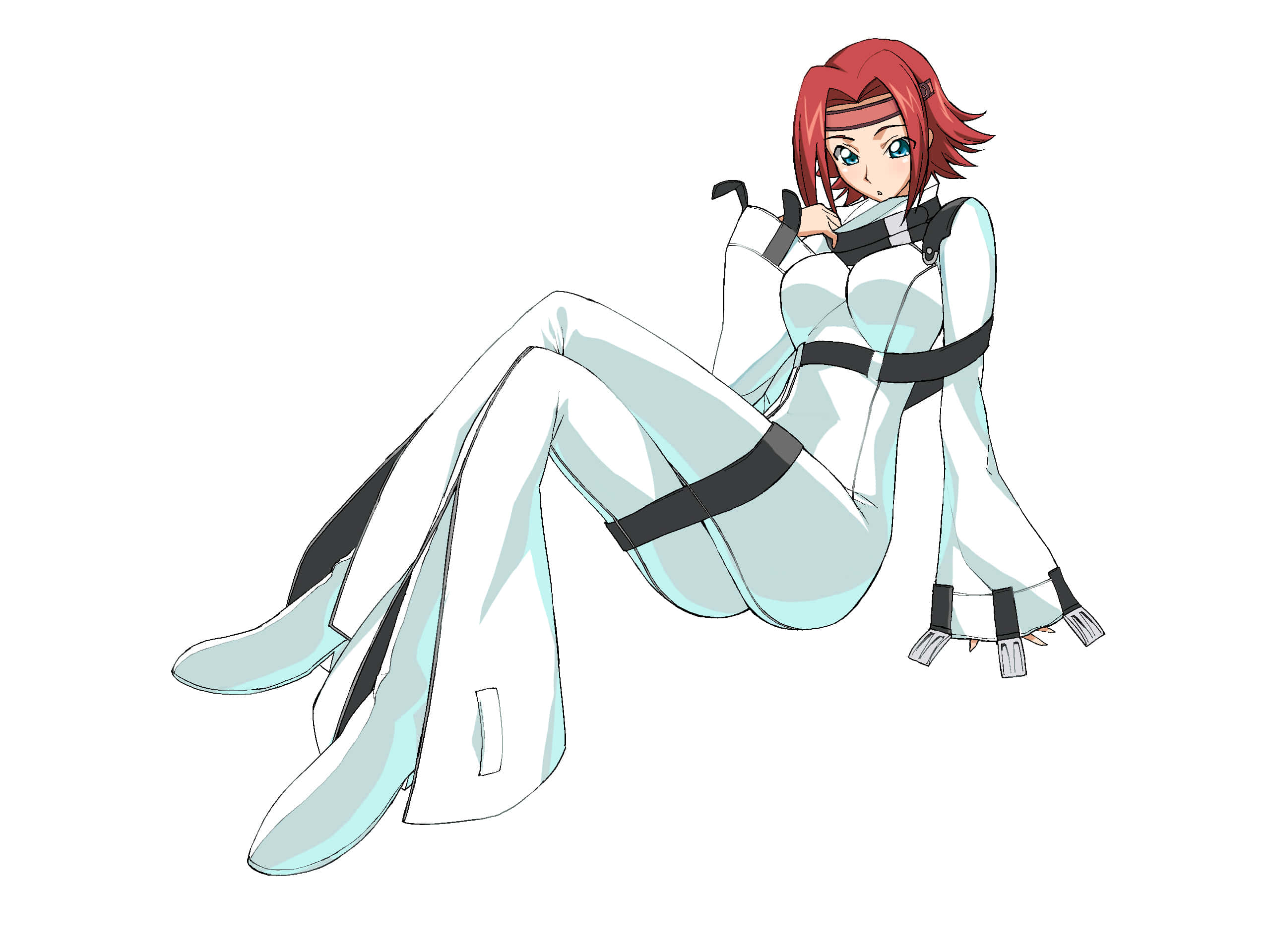 Kallen Stadtfeld 桌布 壁紙 — 一個紅髮動漫女孩穿著白色和黑色的未來風格服裝，隨意地坐在純白色背景前。