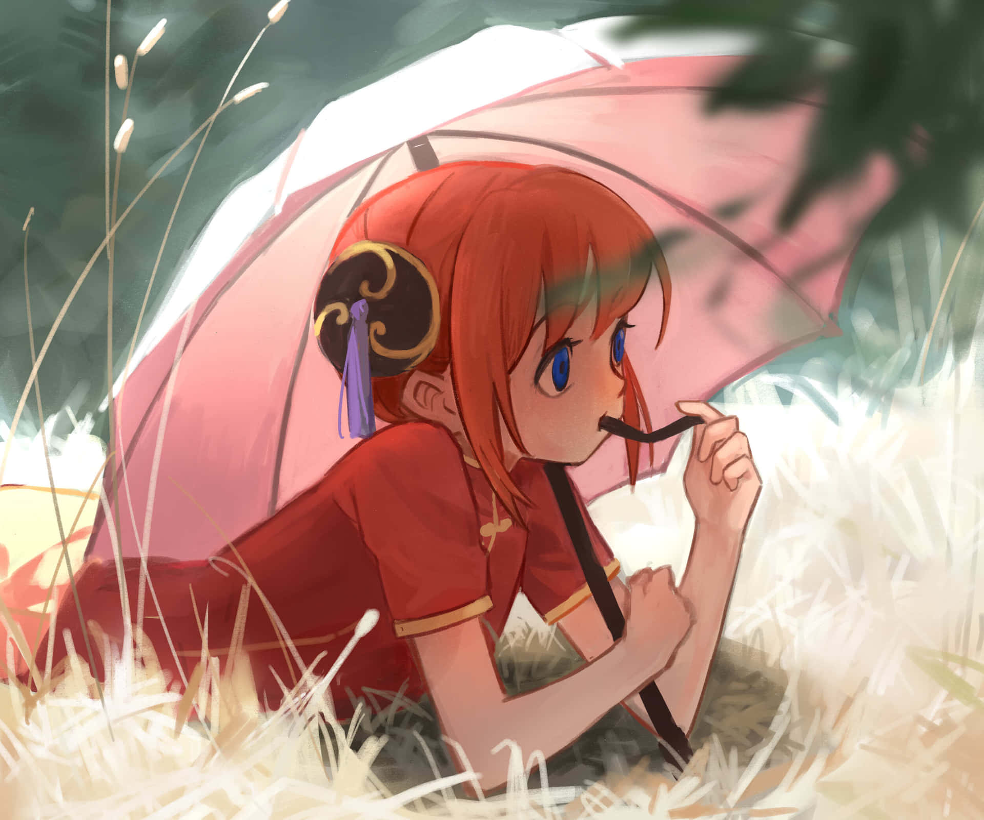  壁紙 — 一個紅髮動漫女孩穿著紅色連衣裙，躺在高高的草叢中，拿著粉紅色的雨傘和煙斗。