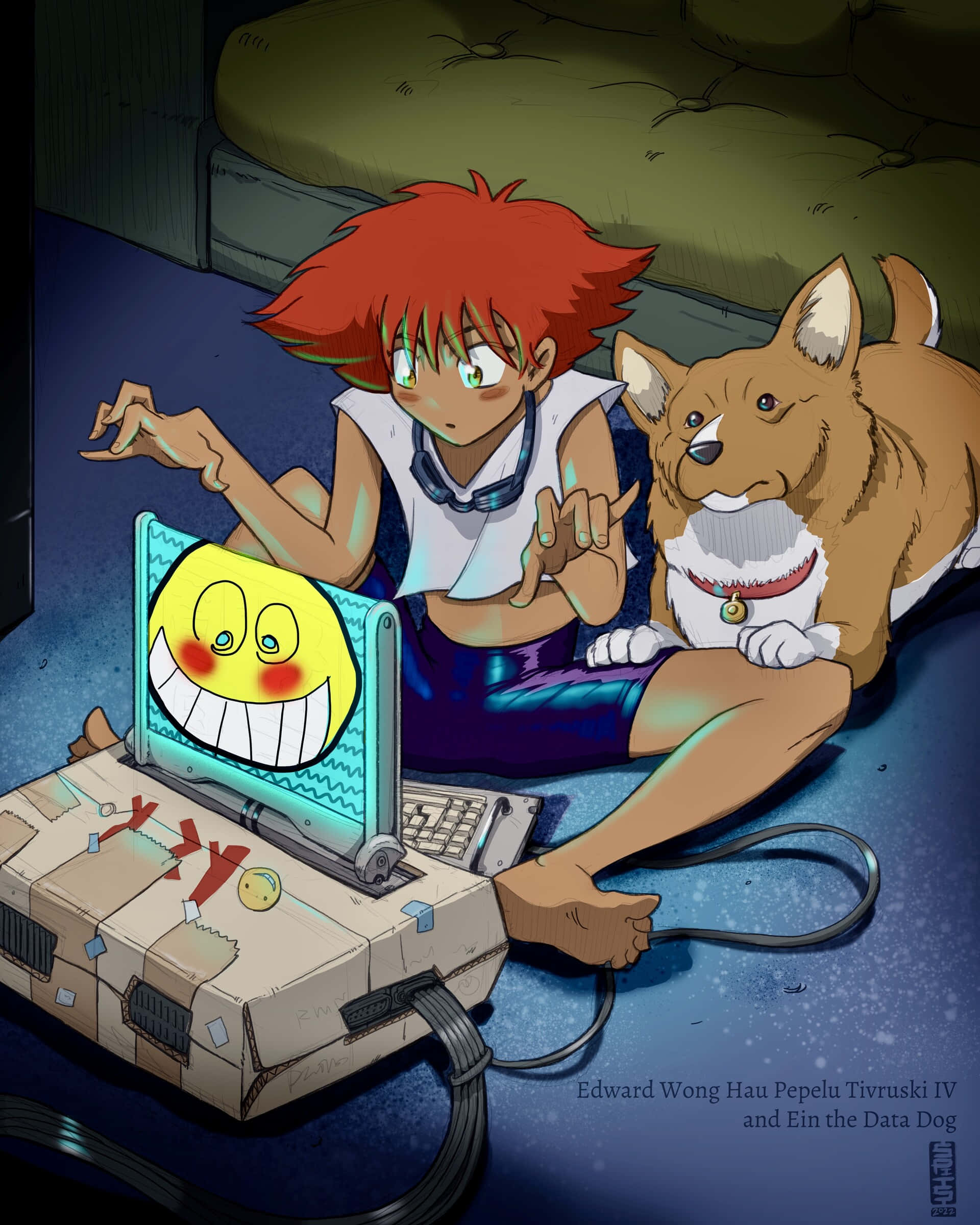 Cowboy Bebop Ein 桌布 壁紙 — 一個紅髮動漫男孩和他的哥基犬坐在藍色地板上，旁邊是一部顯示咧嘴笑黃色笑臉的筆記型電腦。