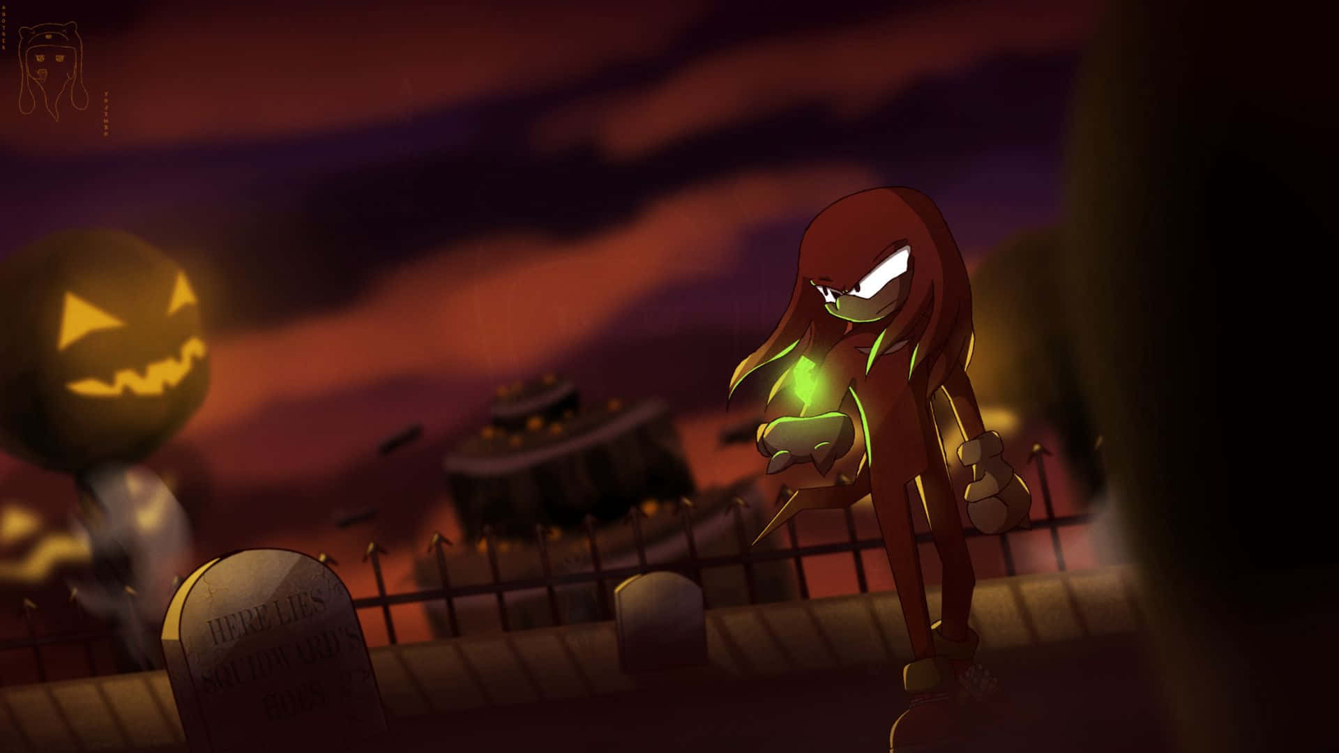 Sonic Pumpkin Hill 桌布 壁紙 — 一個紅髮動漫角色，眼睛發光，帶有綠色光環，在黃昏時分站在一個陰森的墓地裡，旁邊有一個傑克南瓜燈。