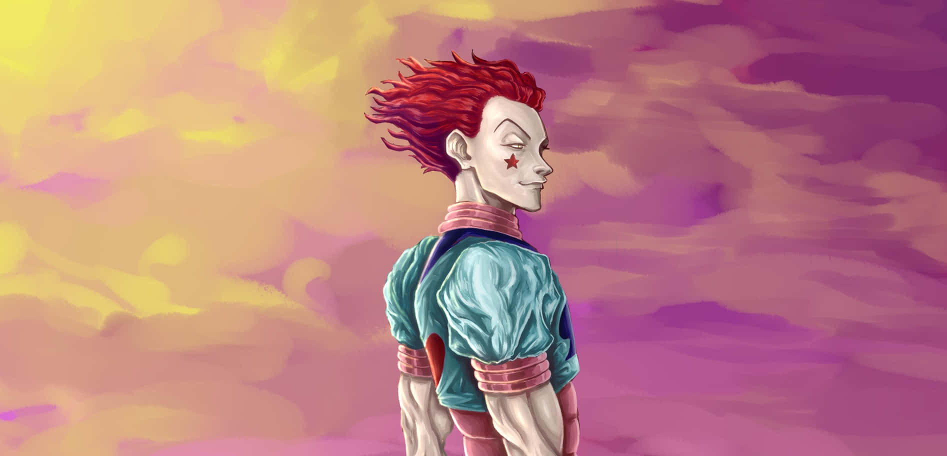 hisoka 桌布 壁紙 — 一個紅髮動漫角色，臉頰上有星星，側面站立在充滿活力的紫色和黃色天空前。