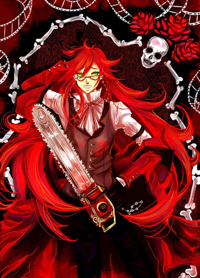 Grell Sutcliff 桌布 壁紙 — 一個紅髮動漫角色在骨頭、玫瑰和菲林捲軸中揮舞電鋸，背景為深紅色。