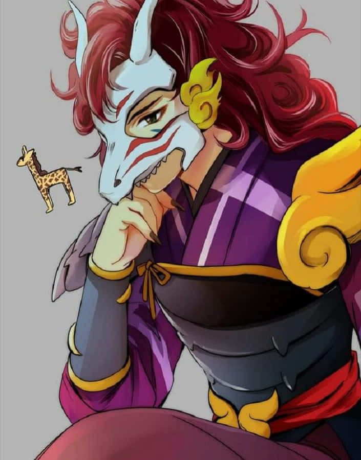 Kirinmaru 桌布 壁紙 — 一個紅髮動漫角色戴著白色狐狸面具和紫色盔甲，沉思地坐著，旁邊有一隻小長頸鹿。