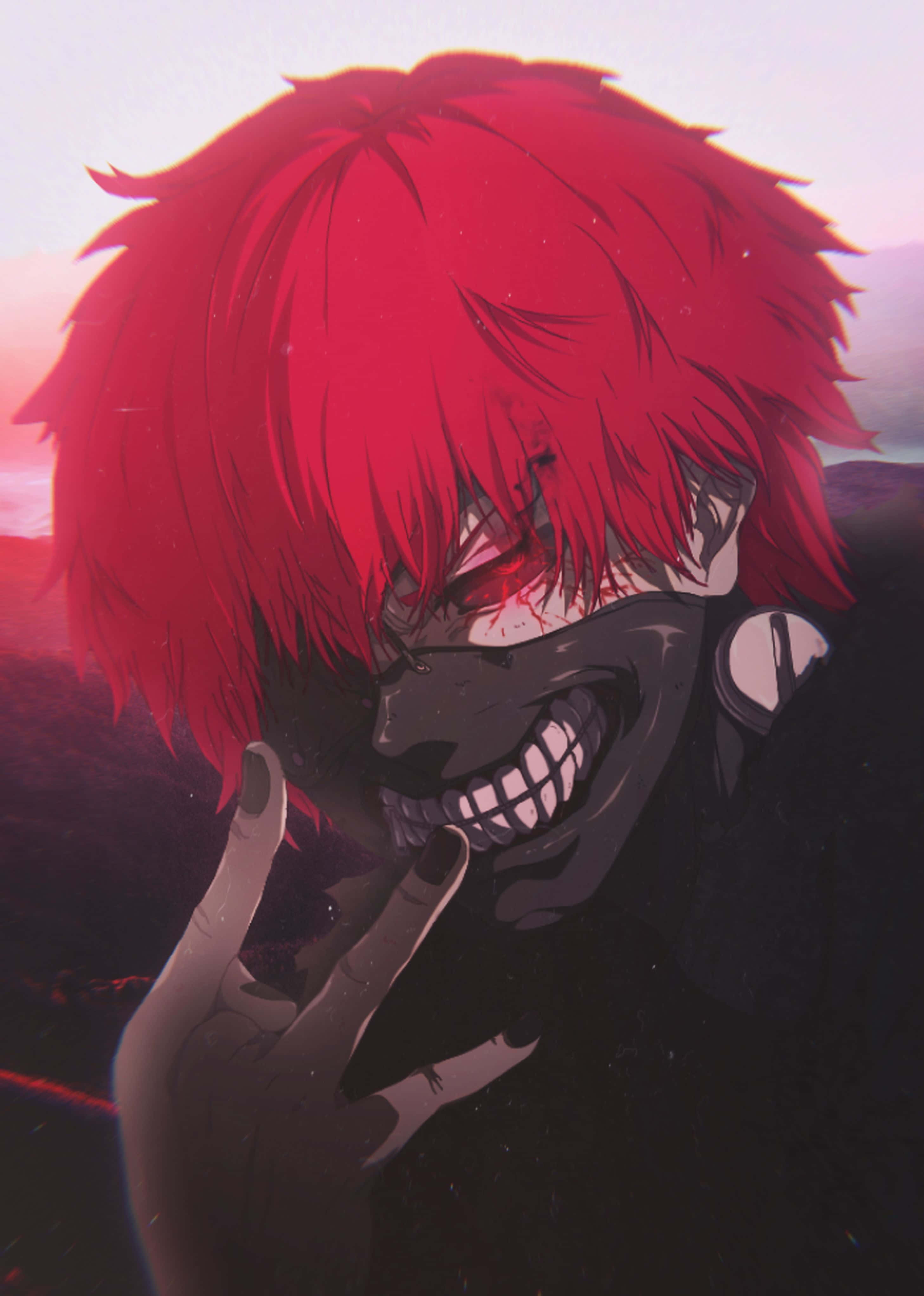 Kaneki's Mask 桌布 壁紙 — 一個紅髮動漫角色戴著黑色面具，露出尖牙，在夕陽天空下比出和平手勢。