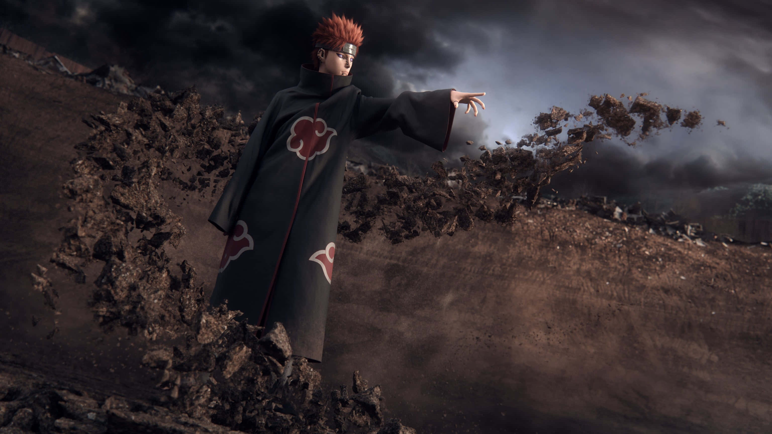Akatsuki Ninja 桌布 壁紙 — 一個紅髮動漫角色穿著帶有紅色雲紋的黑色斗篷，站在岩石地形上，在暴風雨的天空下召喚碎片。