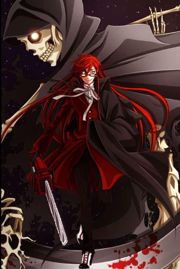 Grell Sutcliff 桌布 壁紙 — 一個紅髮動漫角色穿著黑色外套揮舞電鋸，背後有一個骷髏死神在星空夜空下若隱若現。