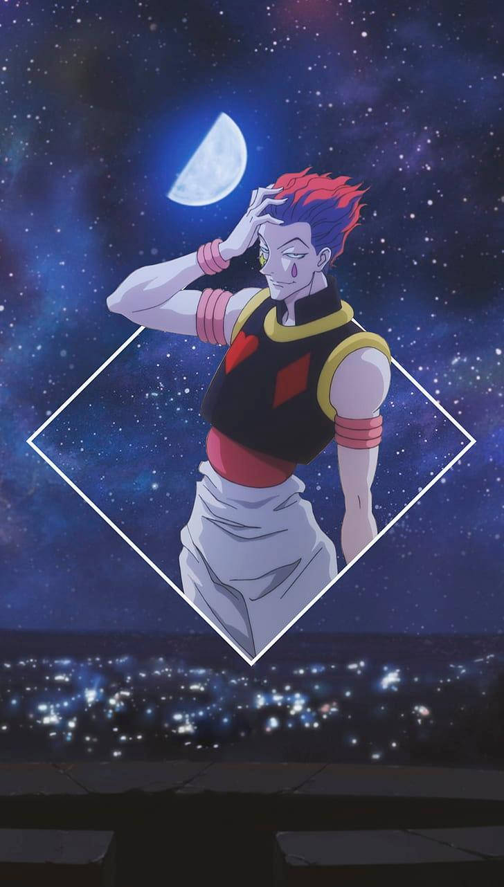  壁紙 — 一個紅髮動漫角色站在鑽石框架內，背景是繁星點點的夜空，新月懸掛在發光的城市景觀之上。
