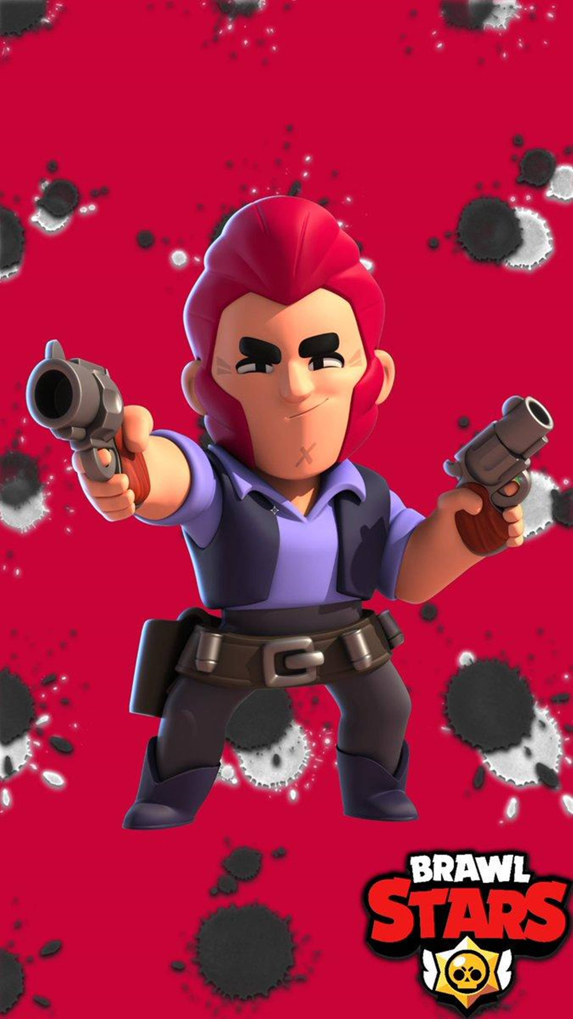 Brawl Stars 桌布 壁紙 — 一個紅髮卡通格鬥家揮舞著兩把手槍，背景是充滿黑色和白色彈孔的鮮紅色背景。